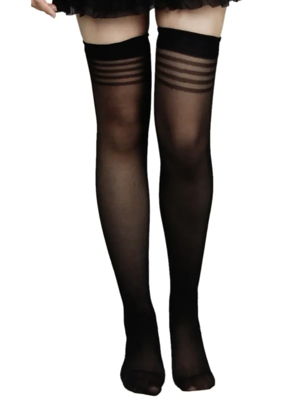 Woman Black Stretchy Sheer Thigh High Socks Stockings sold by Allegra K