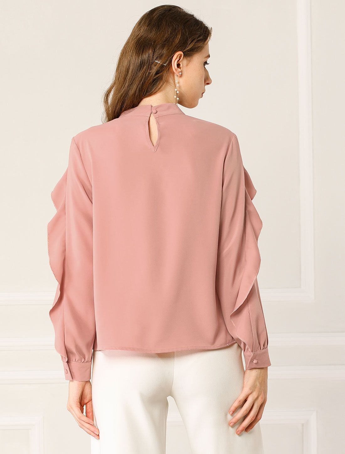 Mock Neck Work Chiffon Long Ruffled Sleeve Pleated Blouse sold by Allegra K product image thumbnail 4