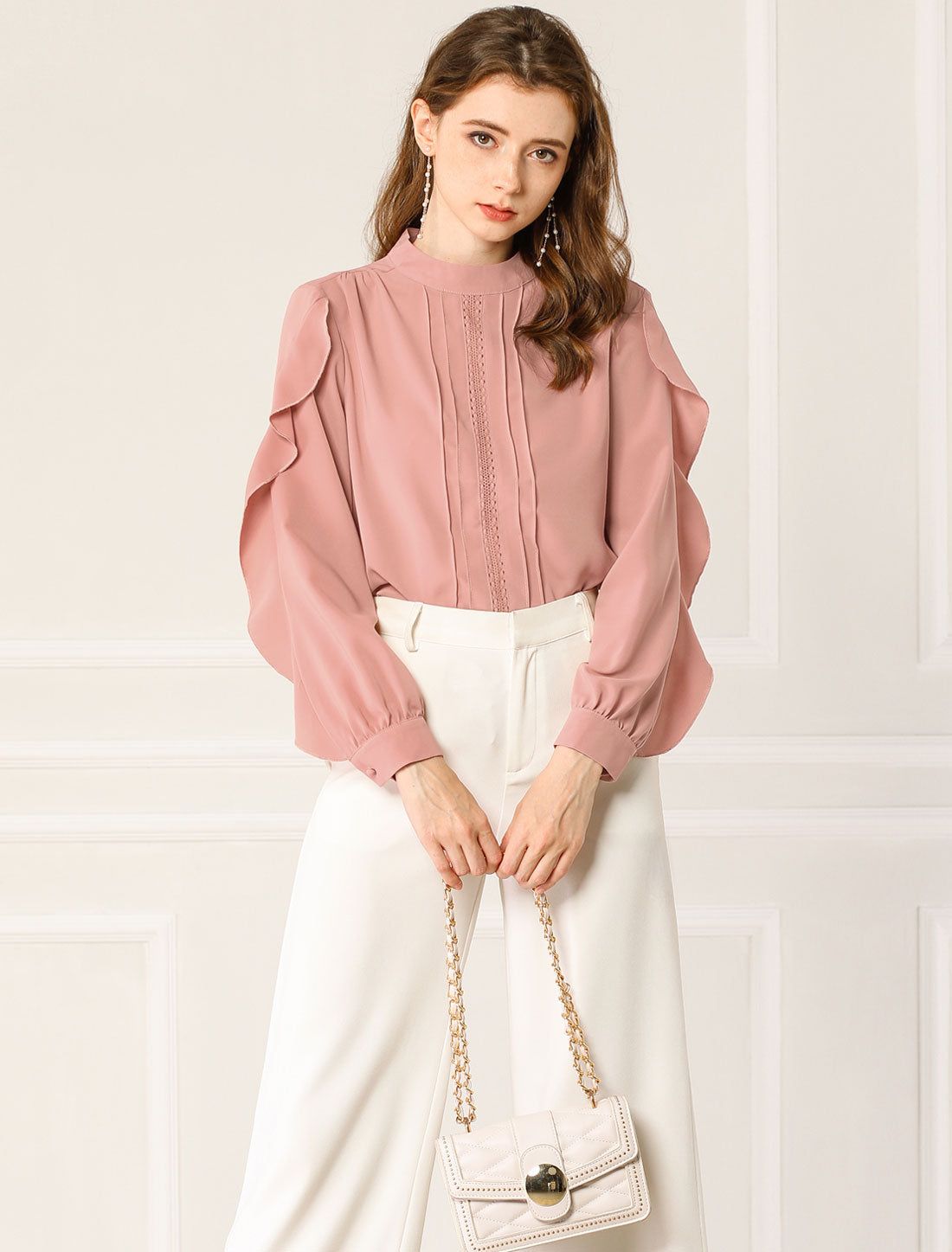 Mock Neck Work Chiffon Long Ruffled Sleeve Pleated Blouse sold by Allegra K product image thumbnail 2