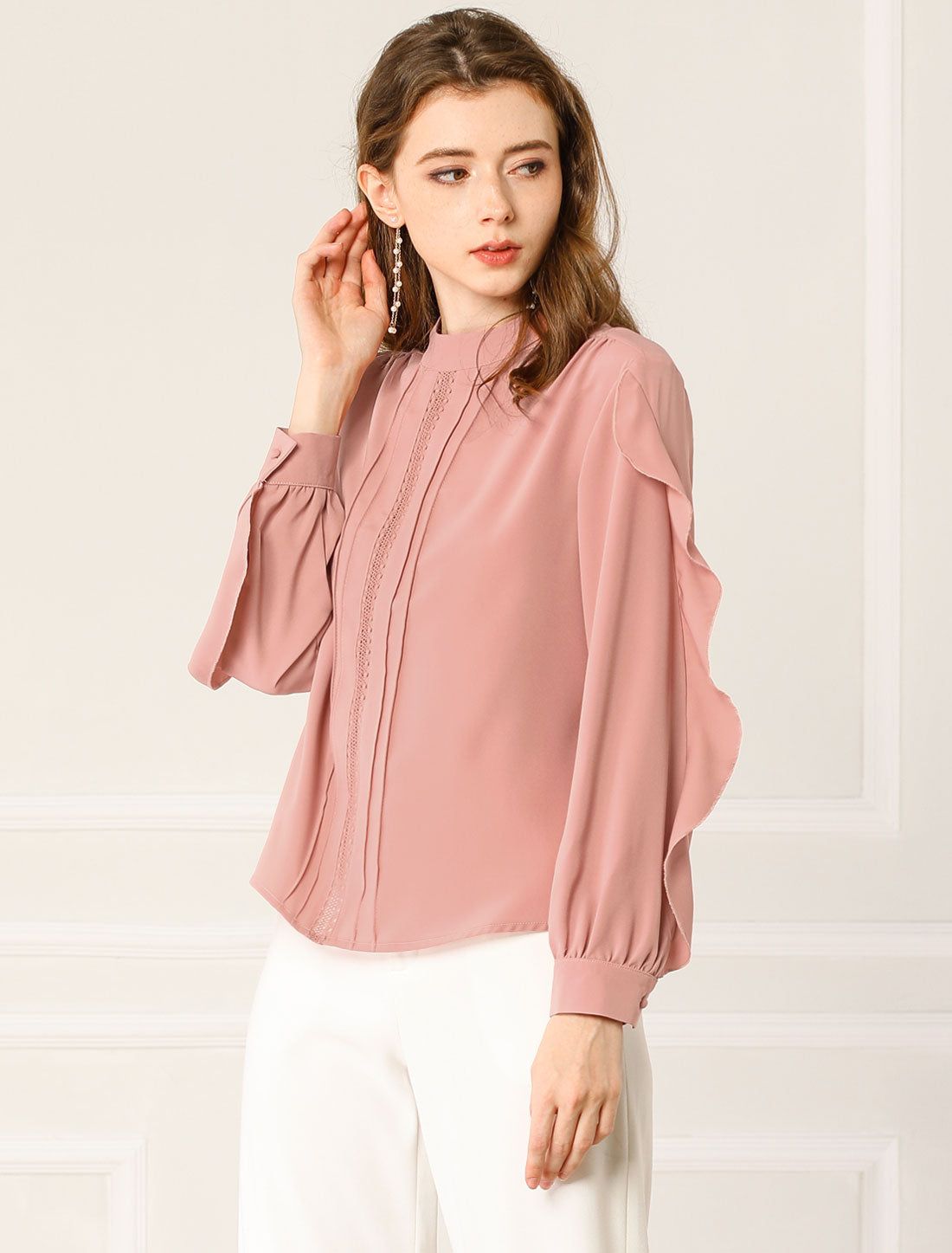 Mock Neck Work Chiffon Long Ruffled Sleeve Pleated Blouse sold by Allegra K product image thumbnail 3