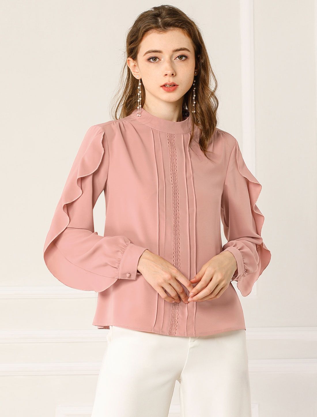 Mock Neck Work Chiffon Long Ruffled Sleeve Pleated Blouse sold by Allegra K