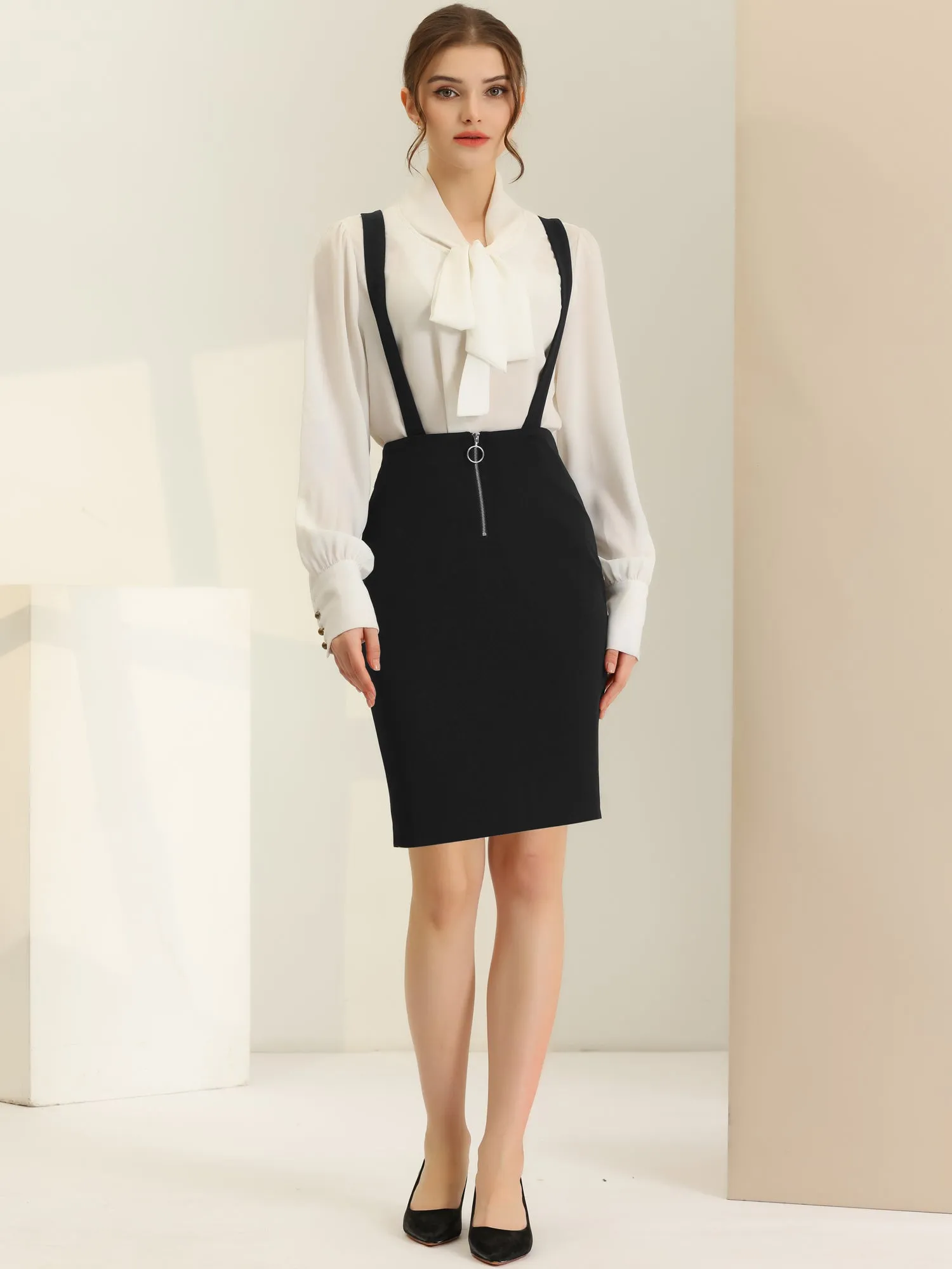 Women's High Waist Zipper Front Work Office Suspender Pencil Skirt sold by Allegra K product image thumbnail 2