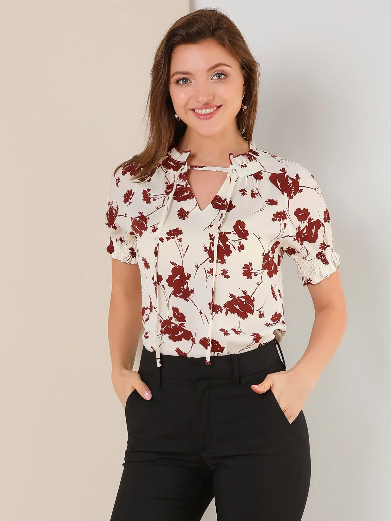 Ruffle Tie V Neck Casual Smocked Short Sleeve Floral Top Blouse sold by Allegra K product image thumbnail 2