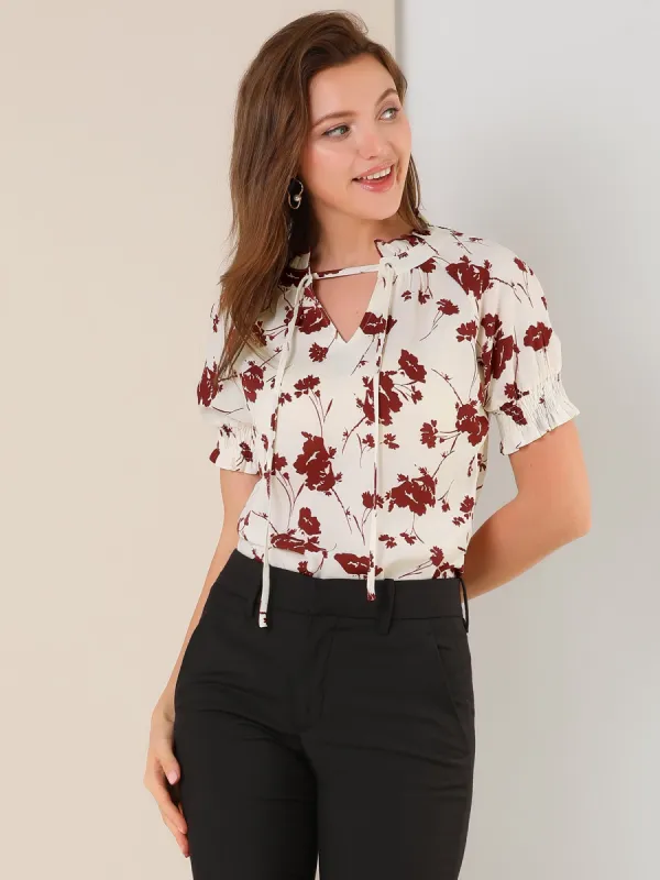 Ruffle Tie V Neck Casual Smocked Short Sleeve Floral Top Blouse sold by Allegra K