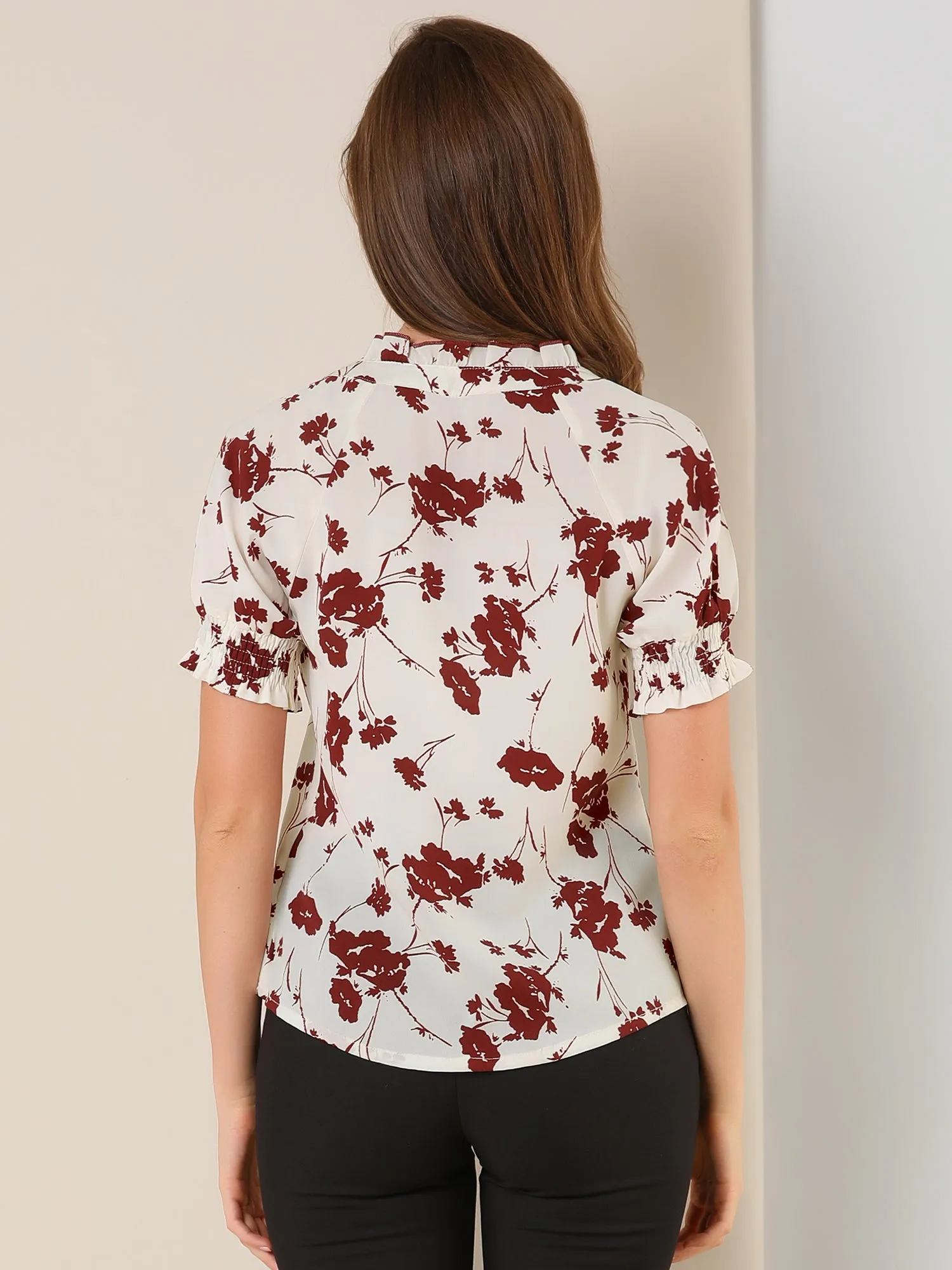 Ruffle Tie V Neck Casual Smocked Short Sleeve Floral Top Blouse sold by Allegra K product image thumbnail 4