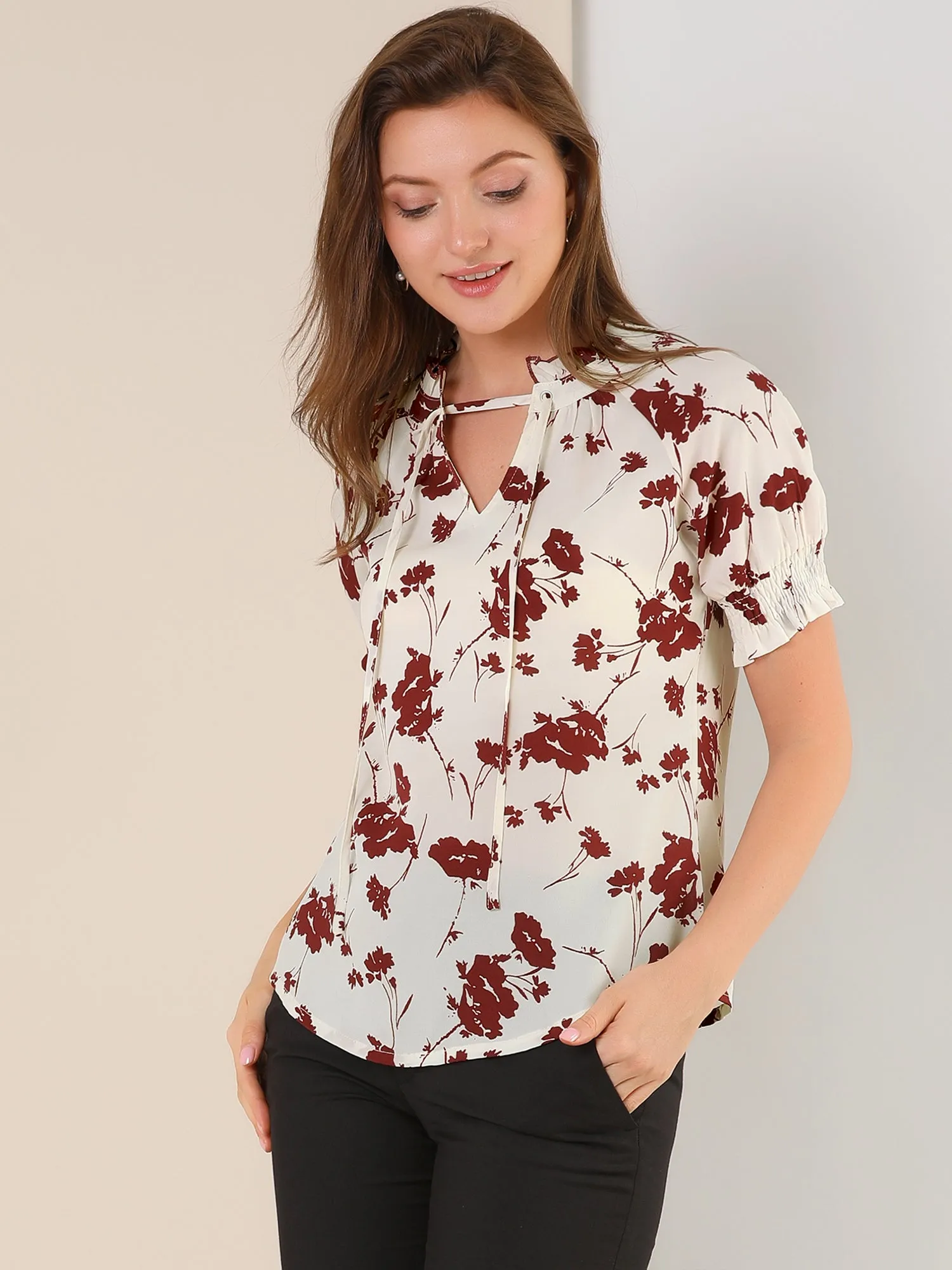 Ruffle Tie V Neck Casual Smocked Short Sleeve Floral Top Blouse sold by Allegra K product image thumbnail 3