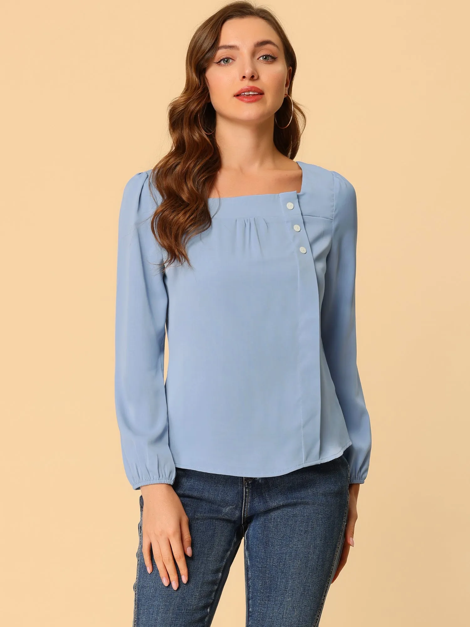 Long Sleeve Casual Solid Square Neck Top sold by Allegra K product image thumbnail 4