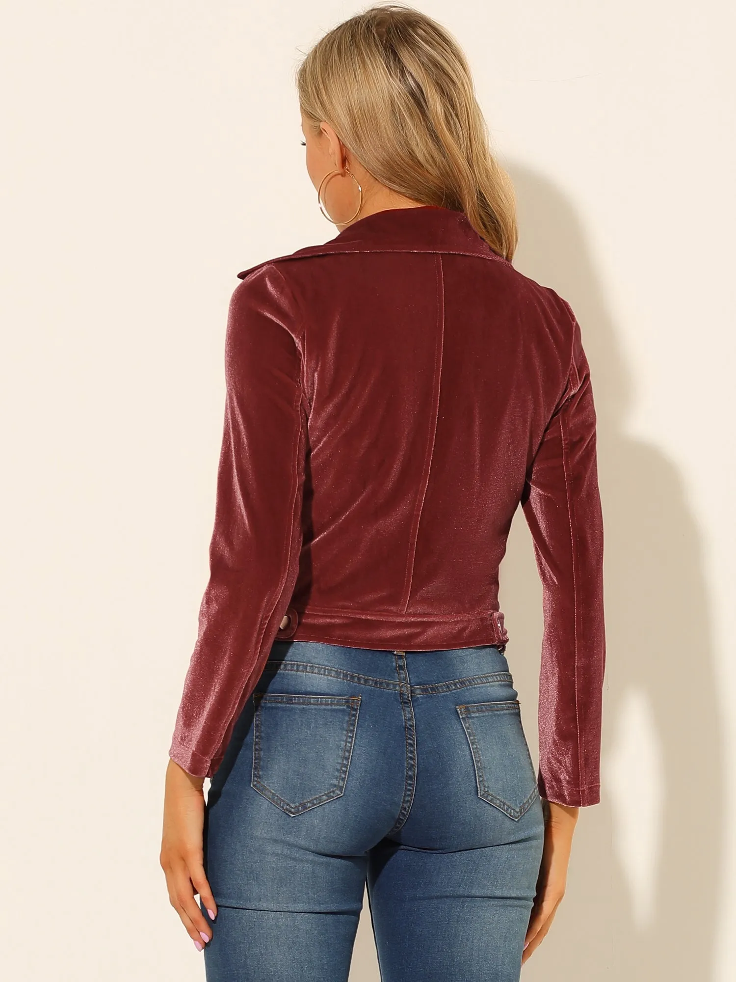 Velvet Lapel Collar Zipper Cropped Moto Biker Jacket sold by Allegra K product image thumbnail 4