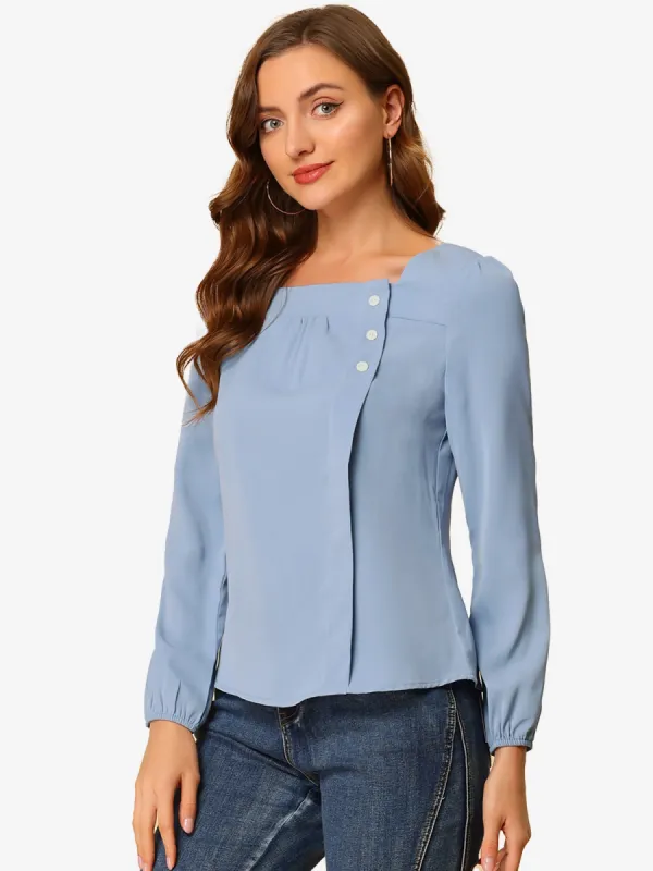 Long Sleeve Casual Solid Square Neck Top made by Allegra K