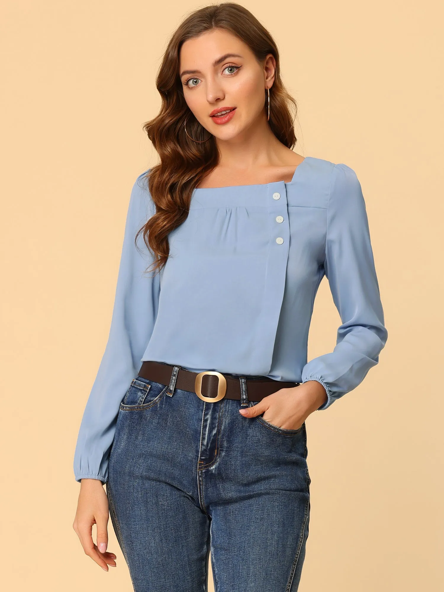 Long Sleeve Casual Solid Square Neck Top sold by Allegra K product image thumbnail 3