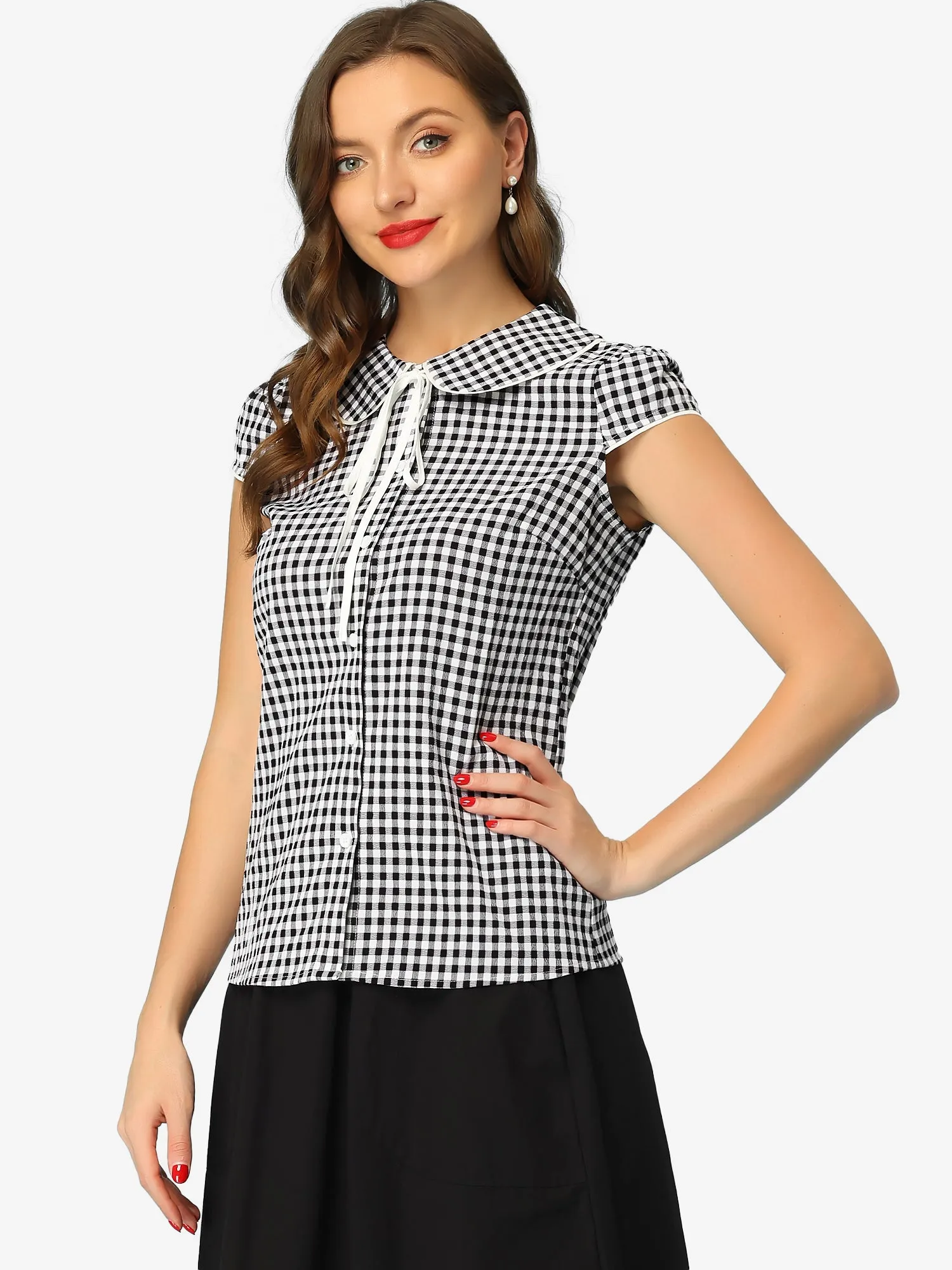 Gingham Plaid Tops Short Sleeve Peter Pan Collar Shirt sold by Allegra K