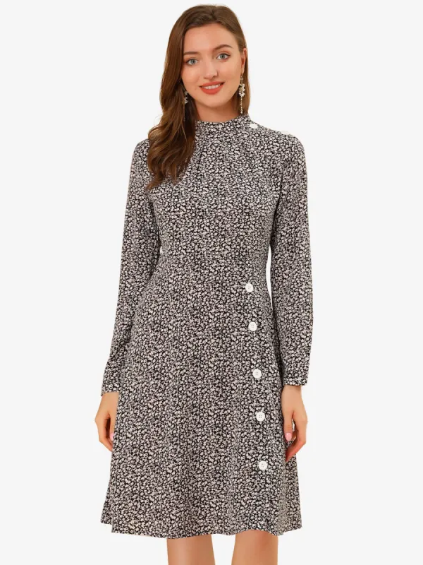 Floral Stand Collar Button Decor Swing Fall Dress sold by Allegra K