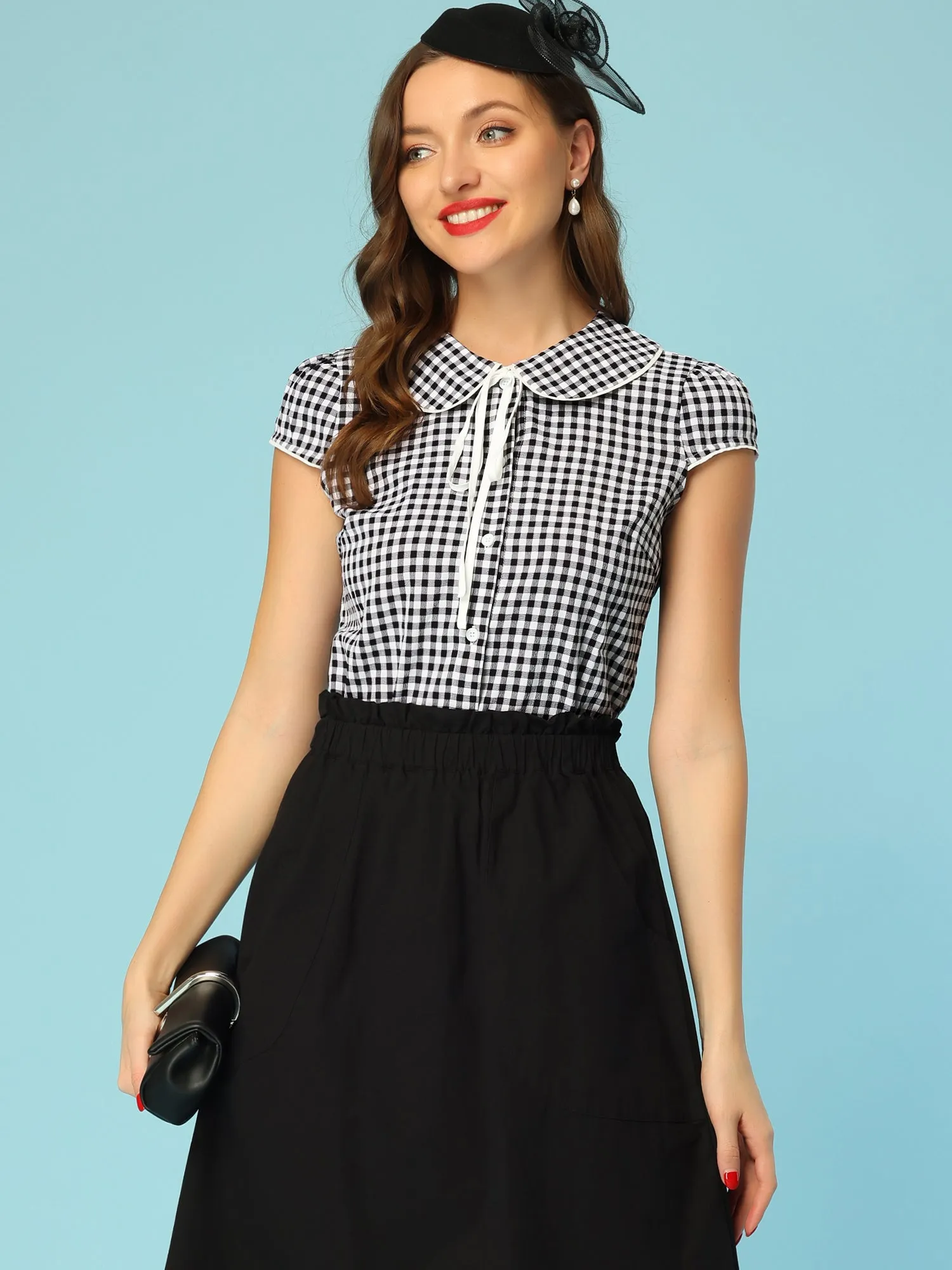 Gingham Plaid Tops Short Sleeve Peter Pan Collar Shirt sold by Allegra K product image thumbnail 5