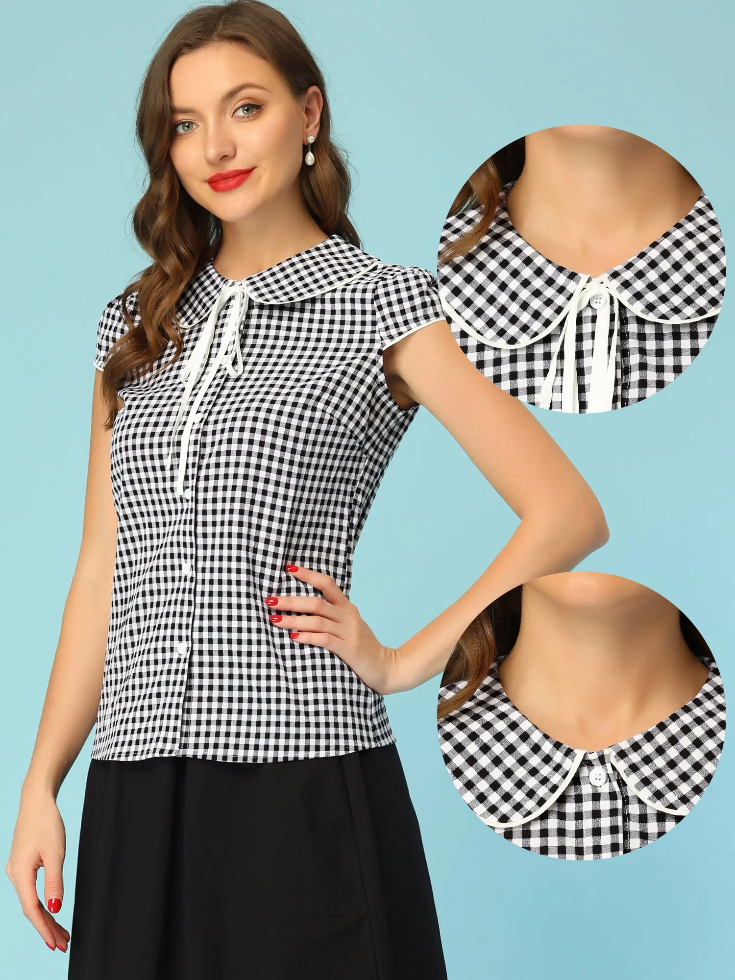 Gingham Plaid Tops Short Sleeve Peter Pan Collar Shirt sold by Allegra K product image thumbnail 2