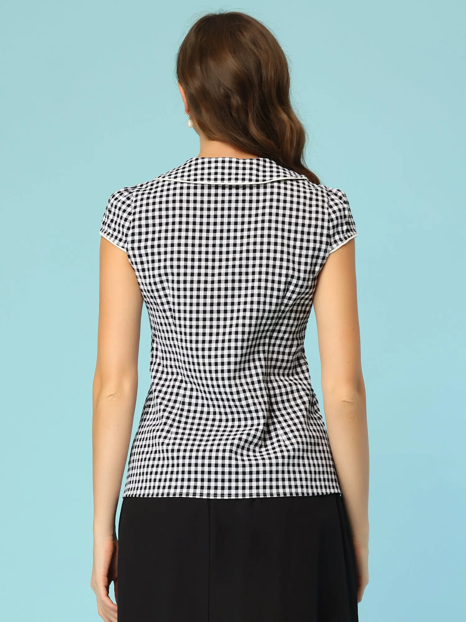 Gingham Plaid Tops Short Sleeve Peter Pan Collar Shirt sold by Allegra K product image thumbnail 3