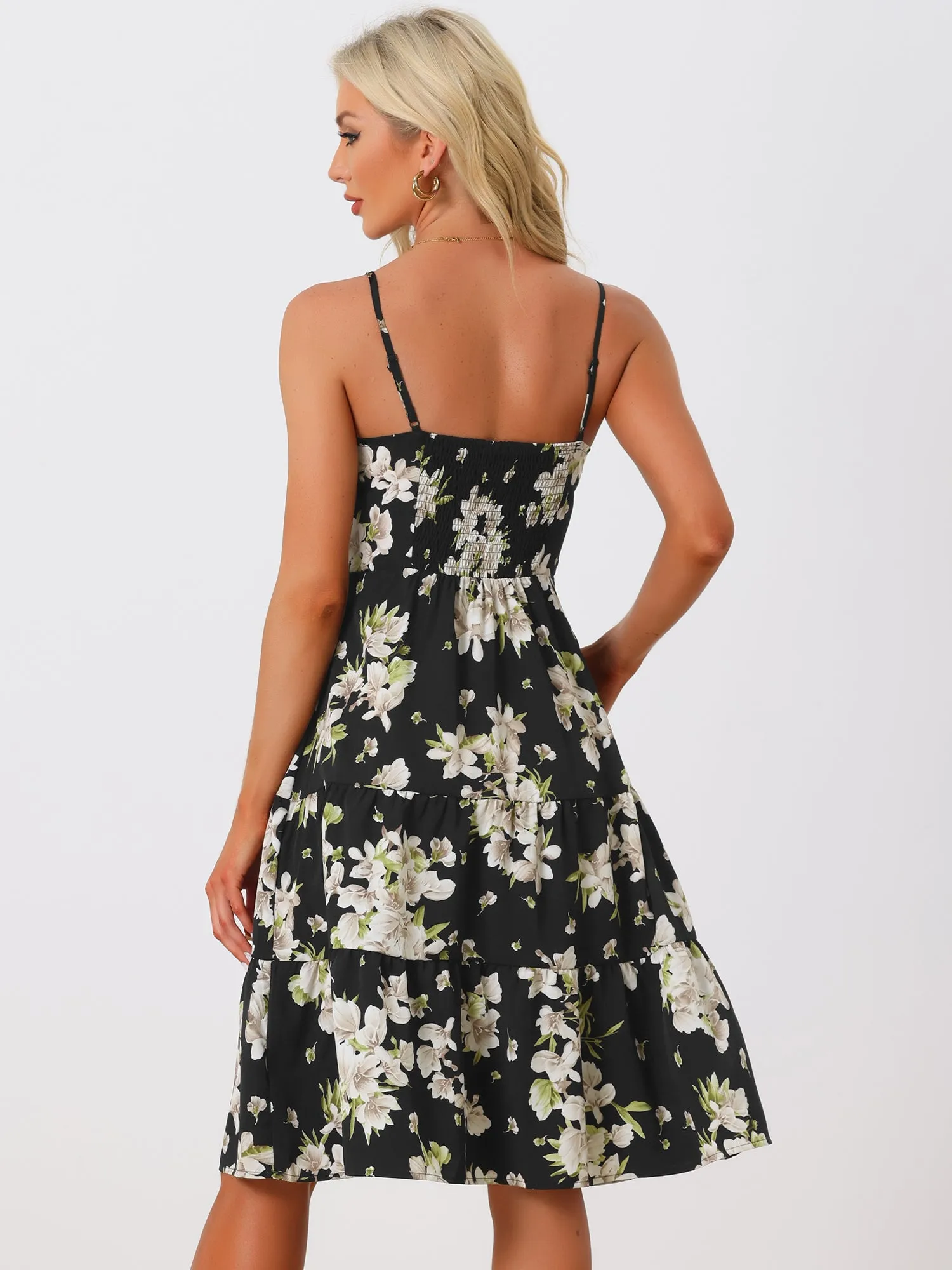 Spaghetti Strap Smocked Back Ruffled Hem Midi Floral Tiered Dress Sundress sold by Allegra K product image thumbnail 3