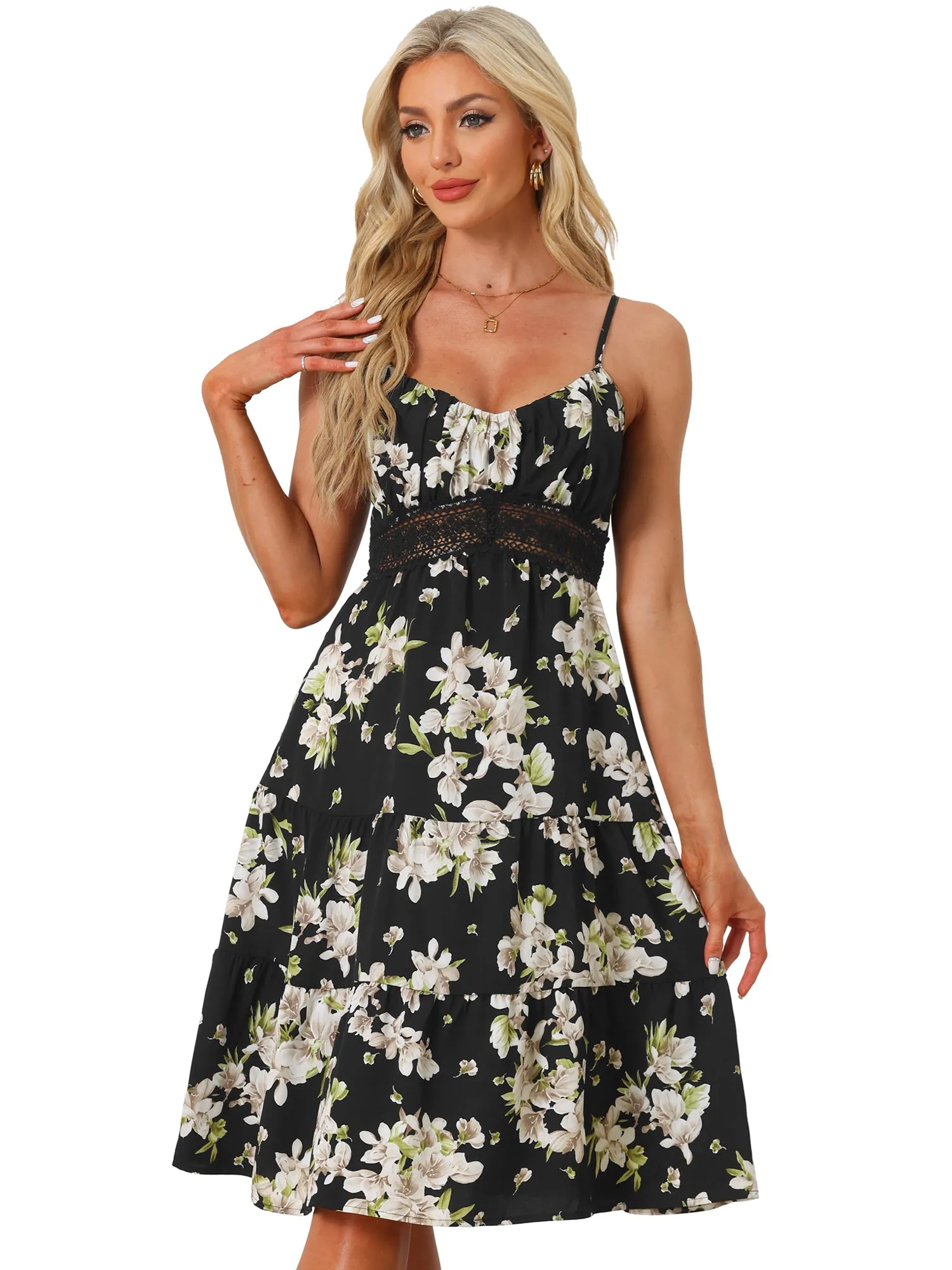 Spaghetti Strap Smocked Back Ruffled Hem Midi Floral Tiered Dress Sundress sold by Allegra K product image thumbnail 4