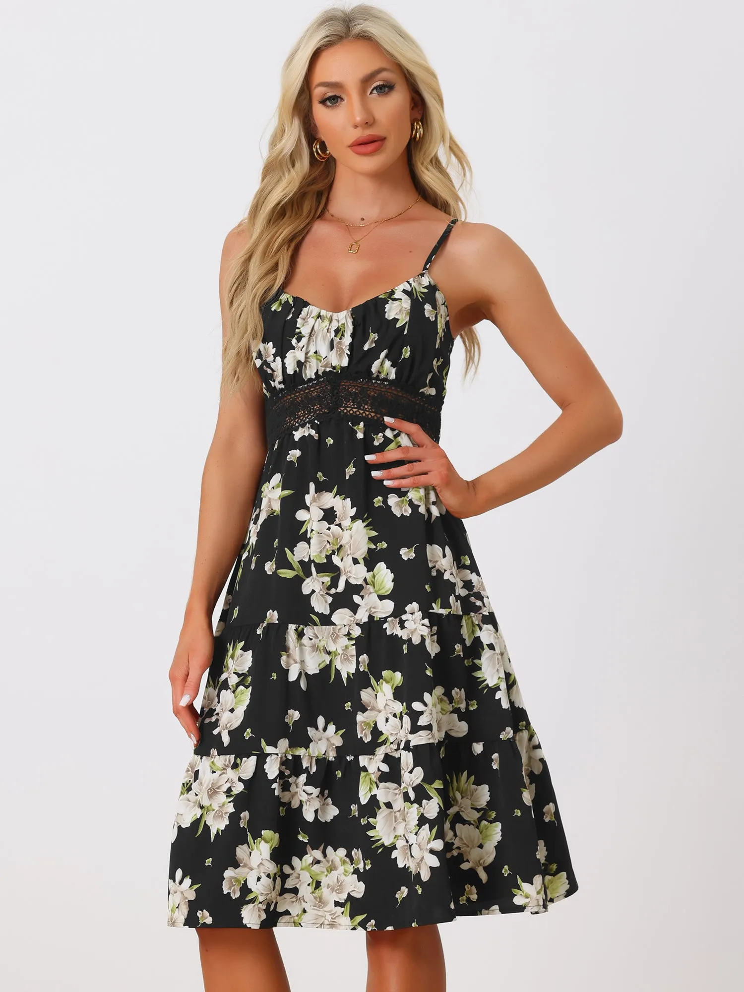 Spaghetti Strap Smocked Back Ruffled Hem Midi Floral Tiered Dress Sundress sold by Allegra K