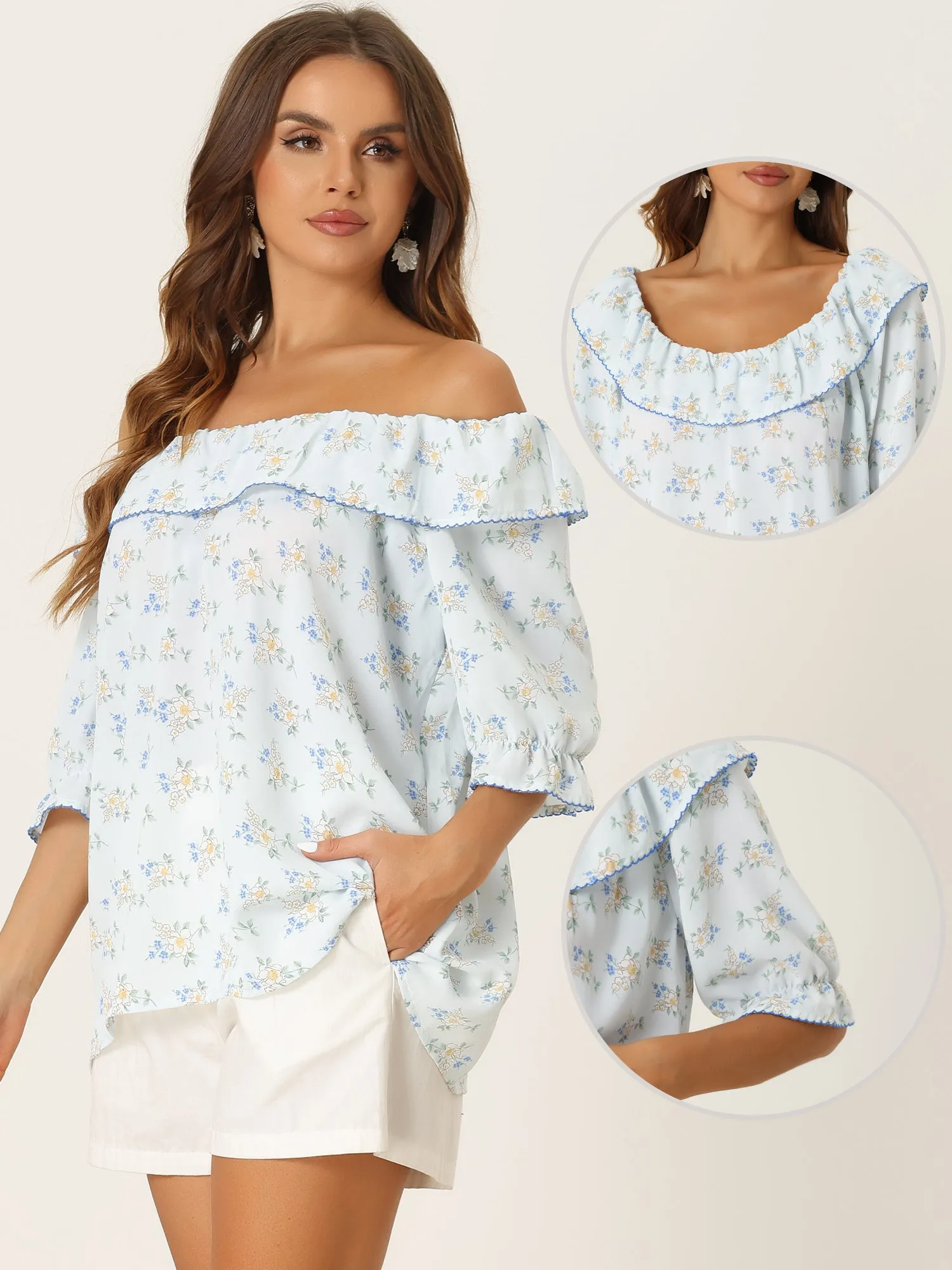 Floral Ruffled Off Shoulder Puff Sleeves Casual Blouse sold by Allegra K product image thumbnail 2