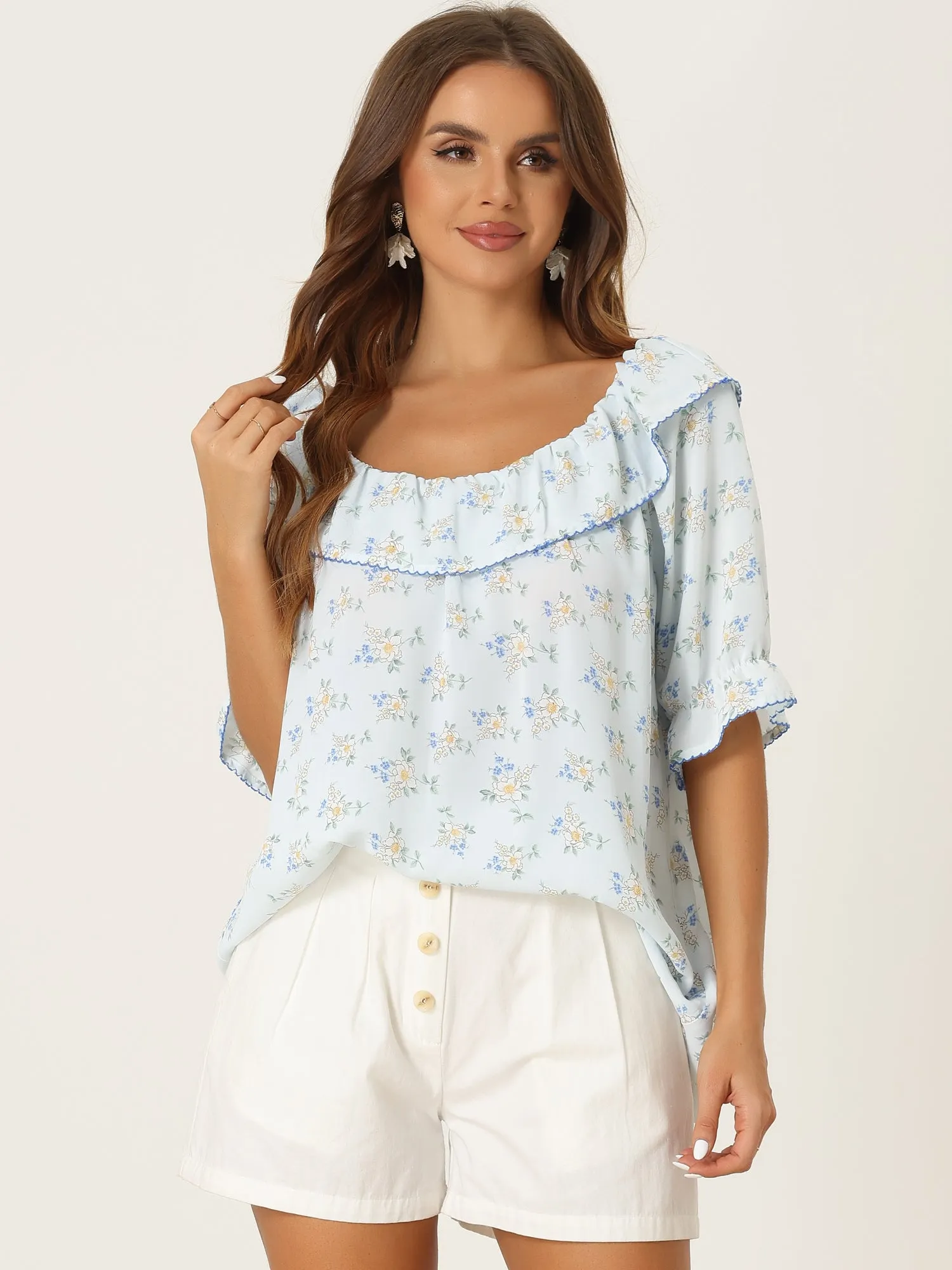 Floral Ruffled Off Shoulder Puff Sleeves Casual Blouse sold by Allegra K product image thumbnail 4