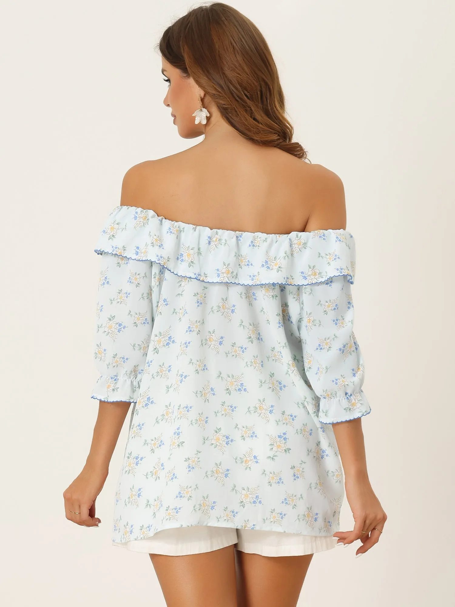 Floral Ruffled Off Shoulder Puff Sleeves Casual Blouse sold by Allegra K product image thumbnail 3