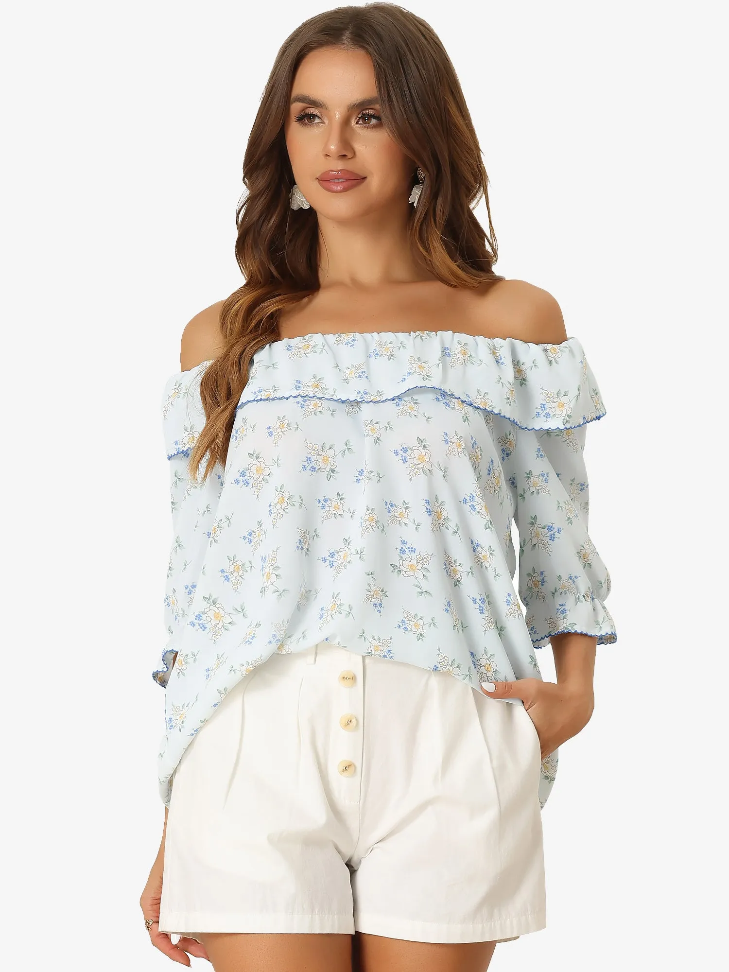 Floral Ruffled Off Shoulder Puff Sleeves Casual Blouse sold by Allegra K