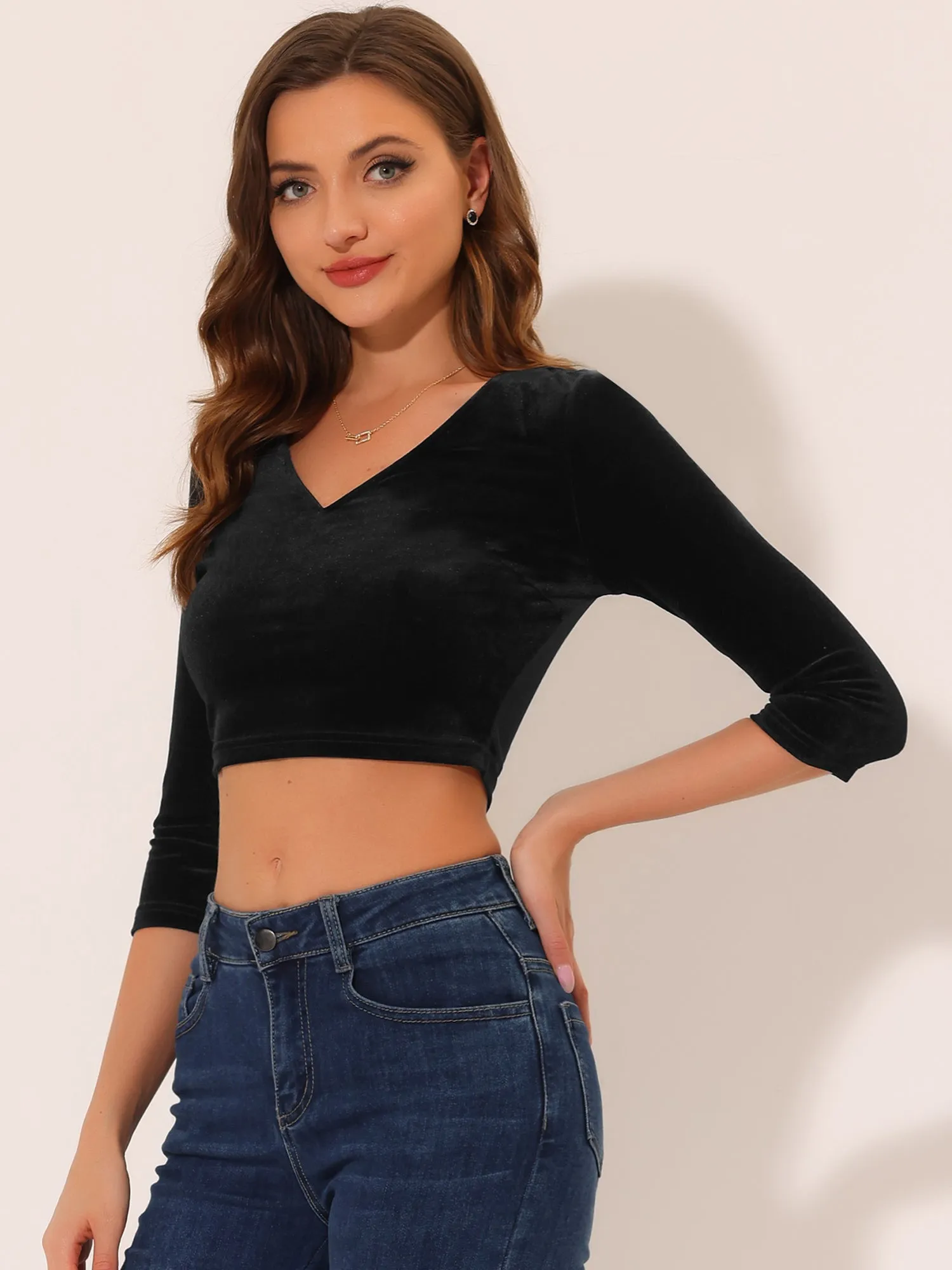 Velvet Blouse V Neck 3/4 Sleeve Solid Crop Top sold by Allegra K
