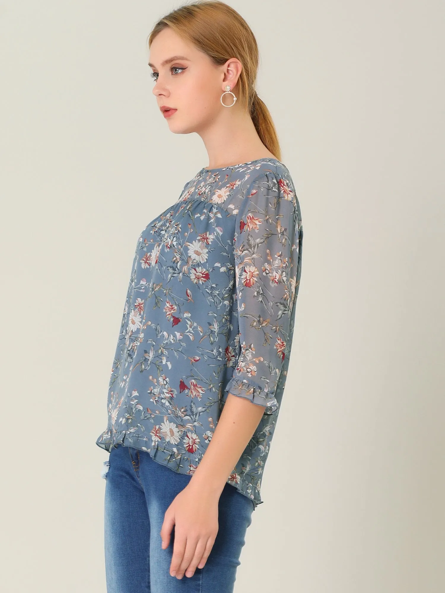Casual Ruffle 3/4 Sleeve Floral Print Chiffon Blouse sold by Allegra K product image thumbnail 3