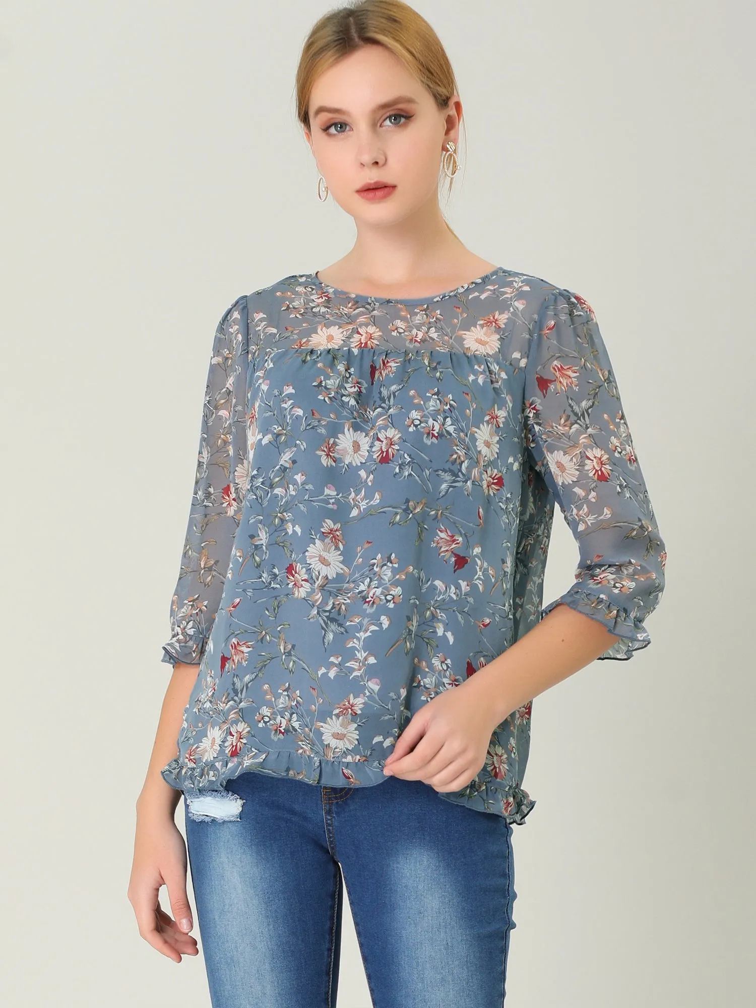 Casual Ruffle 3/4 Sleeve Floral Print Chiffon Blouse sold by Allegra K
