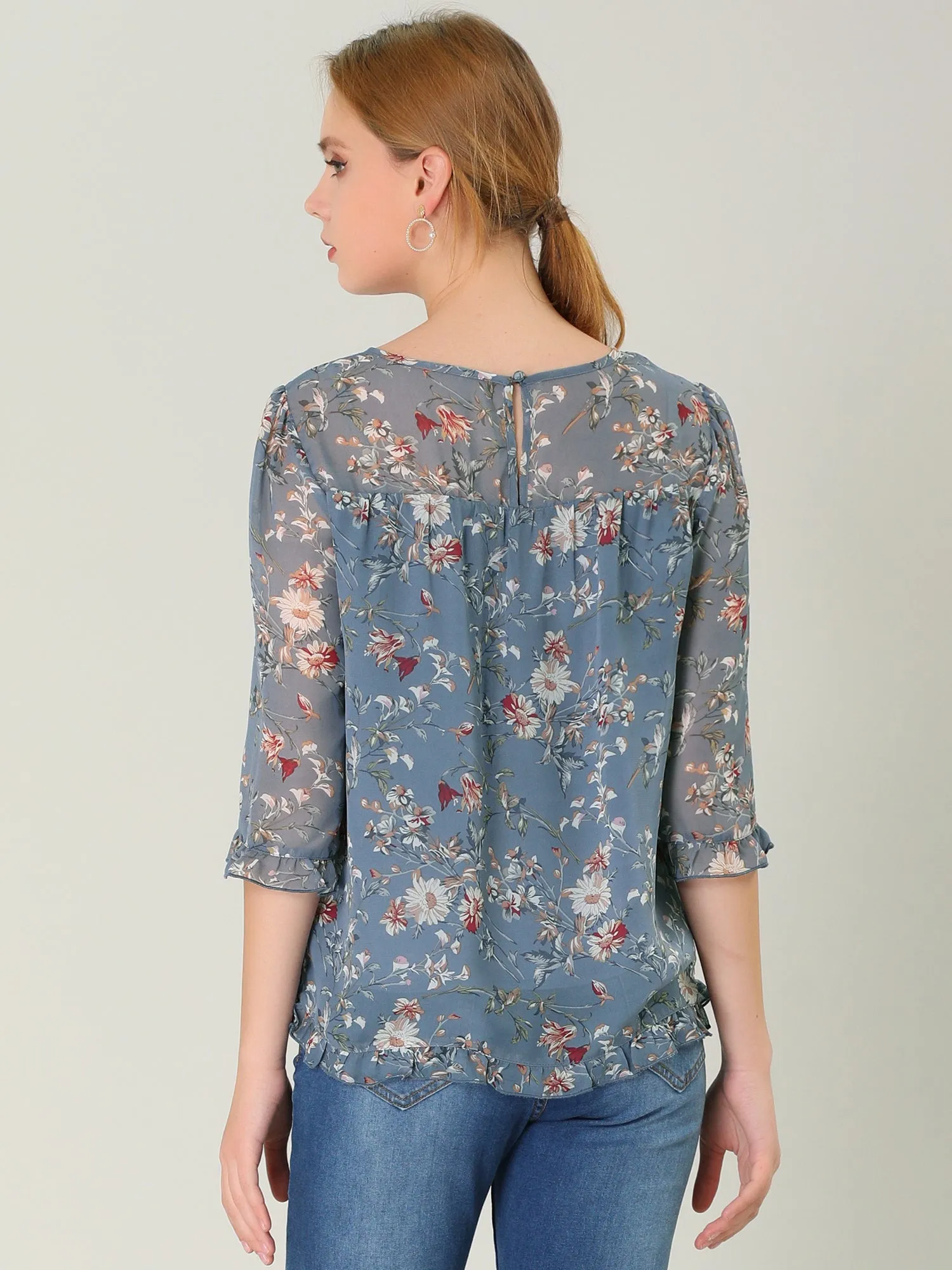 Casual Ruffle 3/4 Sleeve Floral Print Chiffon Blouse sold by Allegra K product image thumbnail 4