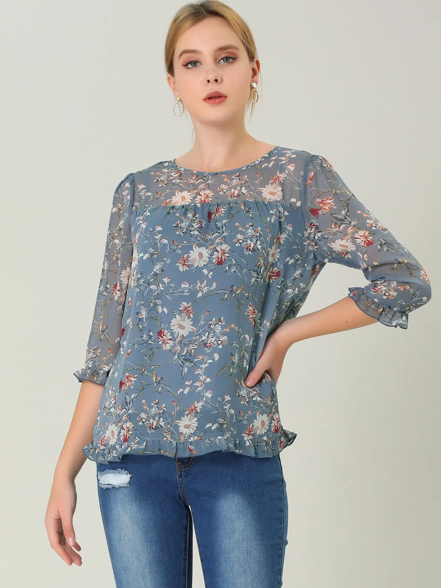 Casual Ruffle 3/4 Sleeve Floral Print Chiffon Blouse sold by Allegra K product image thumbnail 2