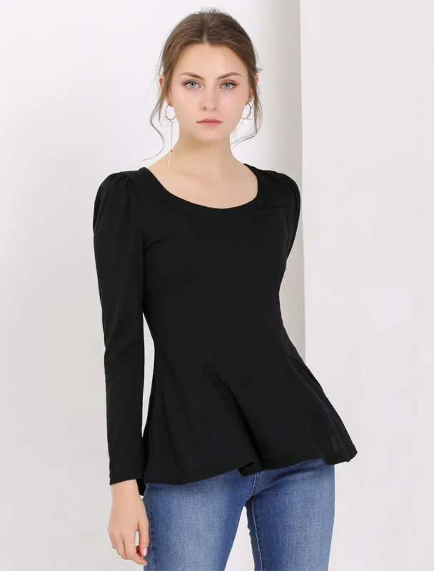 Long Sleeve Scoop Neck Casual Peplum Blouse sold by Allegra K