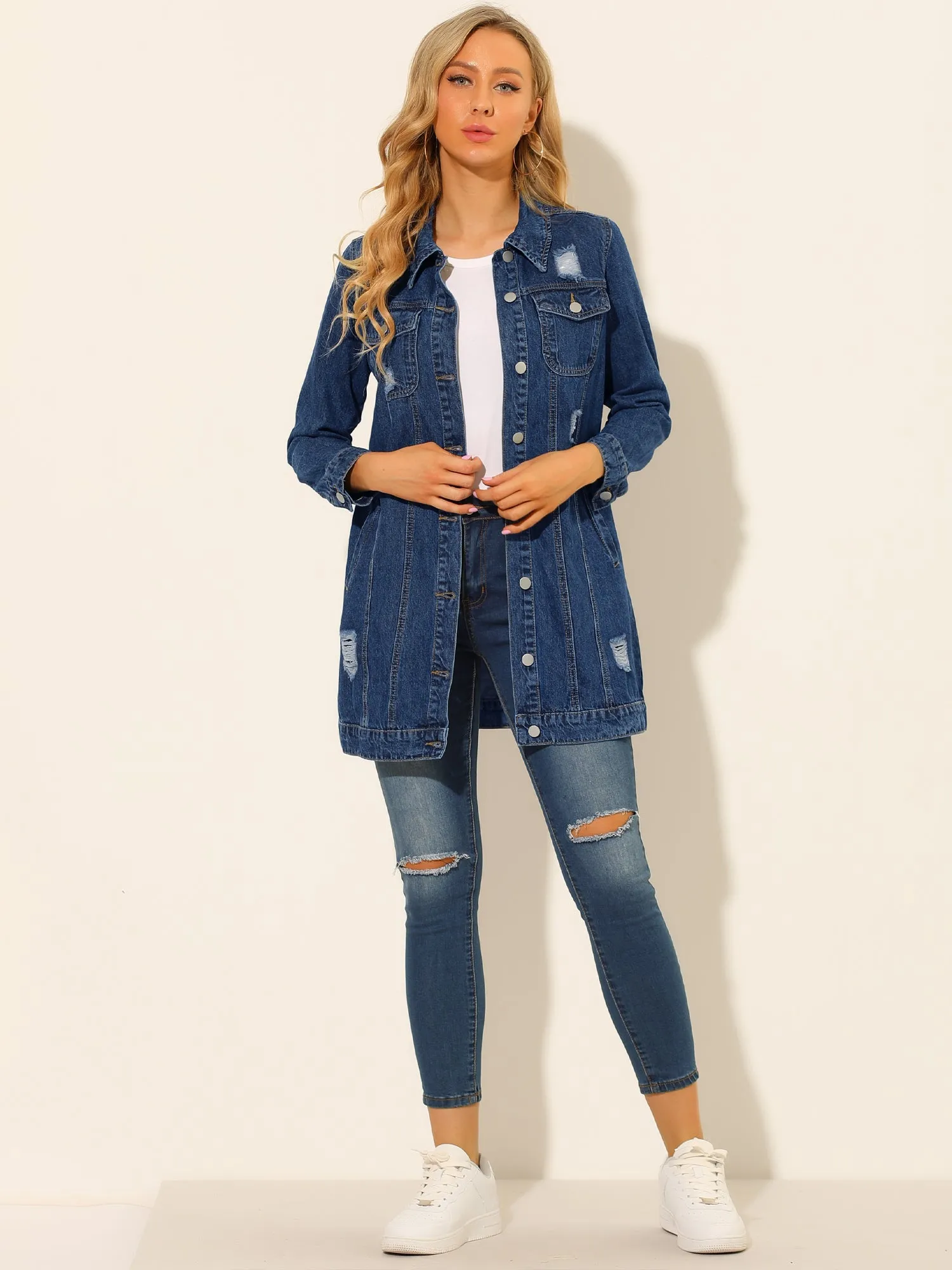 Distressed Long Sleeve Ripped Casual Denim Jacket sold by Allegra K product image thumbnail 2