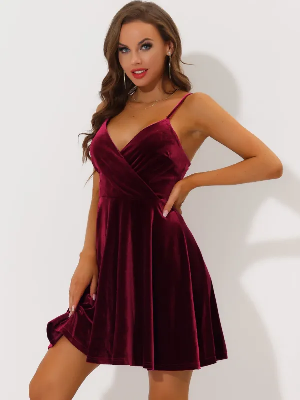 Wrap V Neck Adjustable Spaghetti Strap Backless Velvet Dress sold by Allegra K