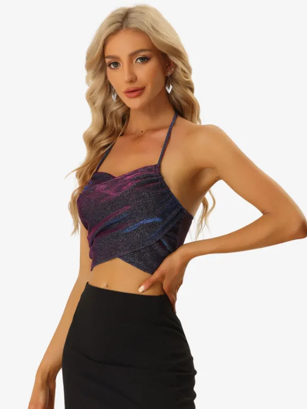 Open Back Sleeveless Crossover Backless Glitter Halter Top sold by Allegra K