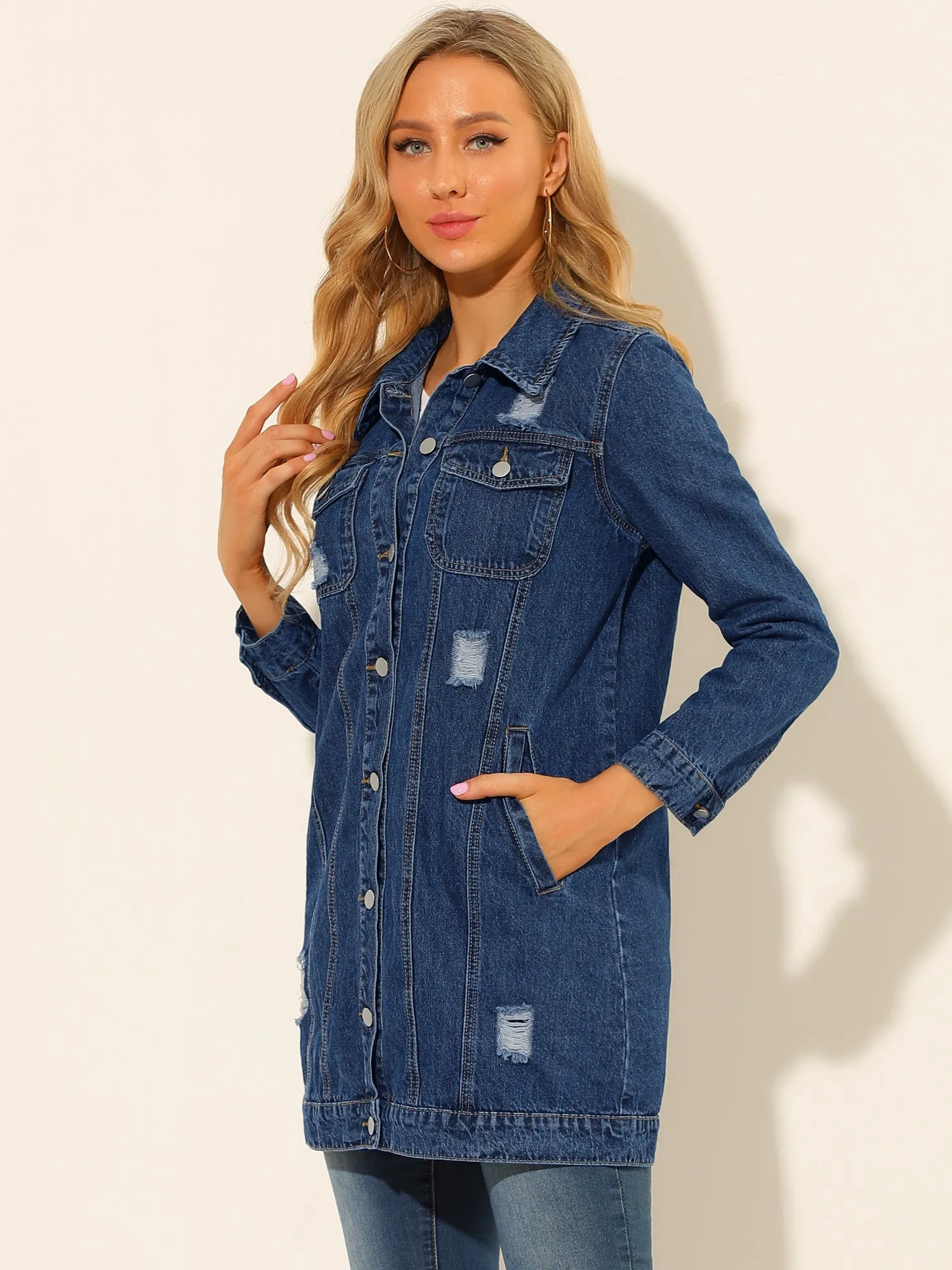 Distressed Long Sleeve Ripped Casual Denim Jacket sold by Allegra K product image thumbnail 4