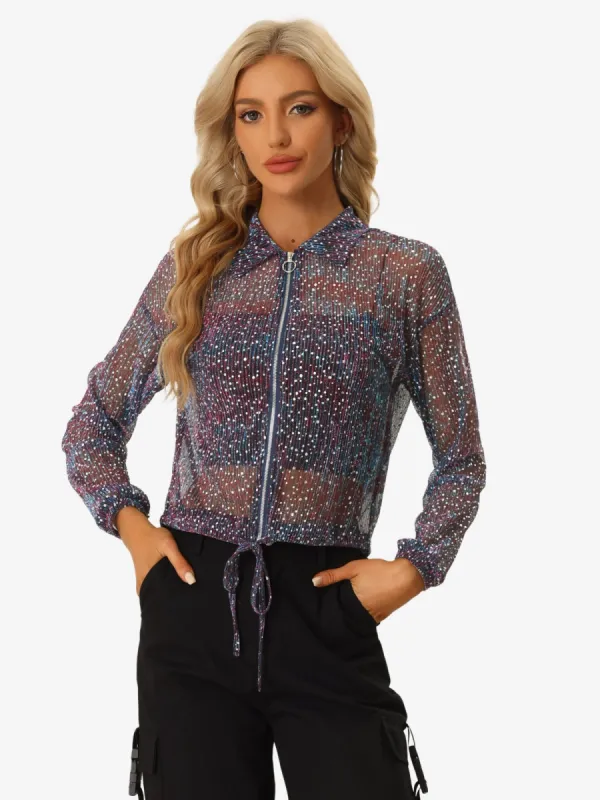 Zipper Crop Jacket Bright See Through Drawstring sold by Allegra K