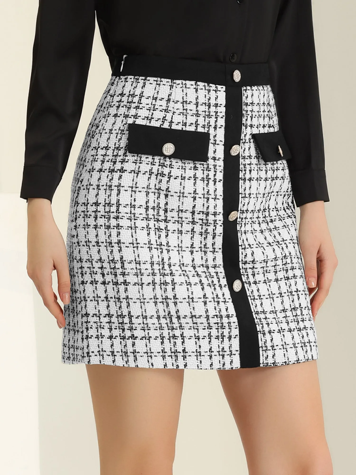 Plaid Tweed Contrast Color Button Decor Business Casual Mini Skirt sold by Allegra K product image thumbnail 5