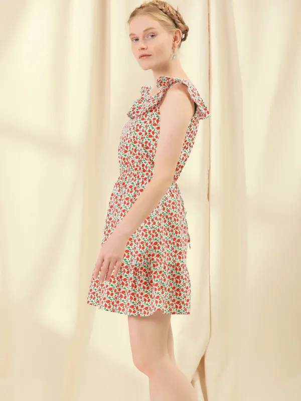 Scoop Neck Fruit Print Ruffle Cotton Summer Sleeveless Dress made by Allegra K