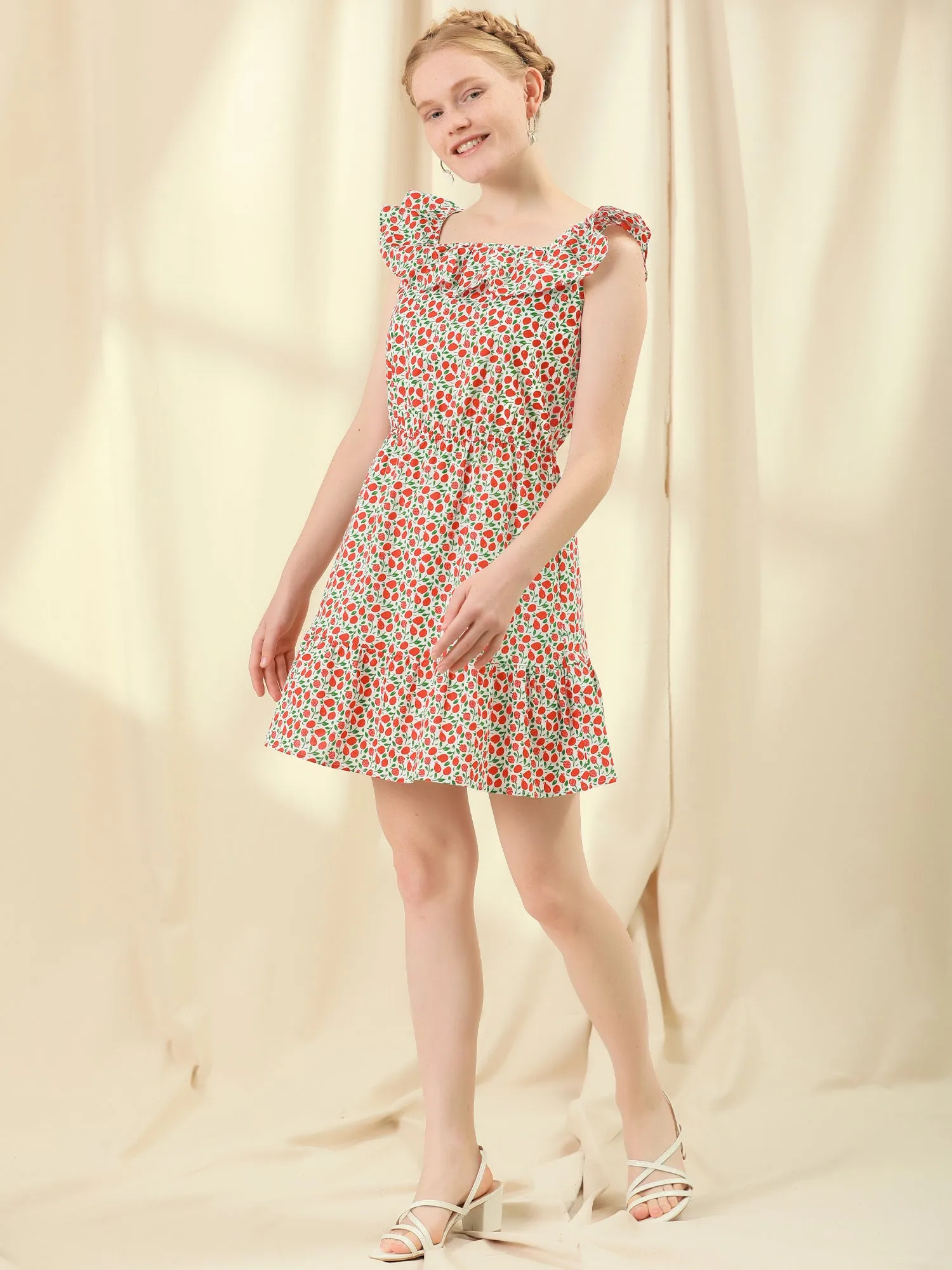 Scoop Neck Fruit Print Ruffle Cotton Summer Sleeveless Dress sold by Allegra K product image thumbnail 3