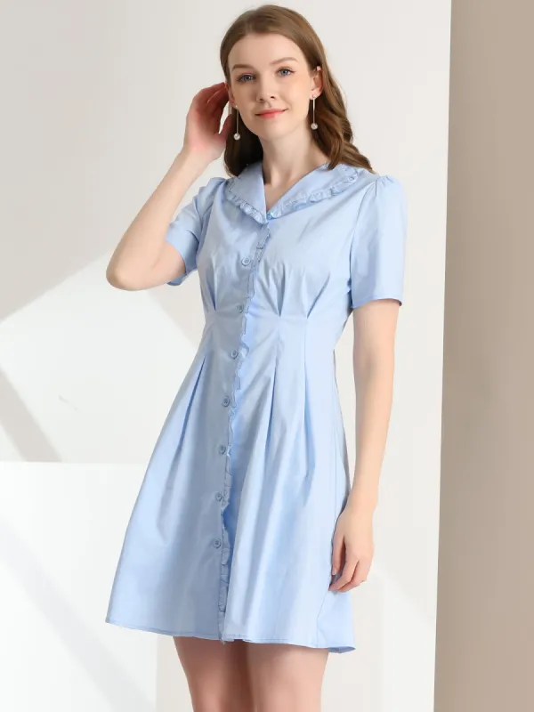 Button Up Ruffle Front Ruched Waist Summer Shirt Dress sold by Allegra K