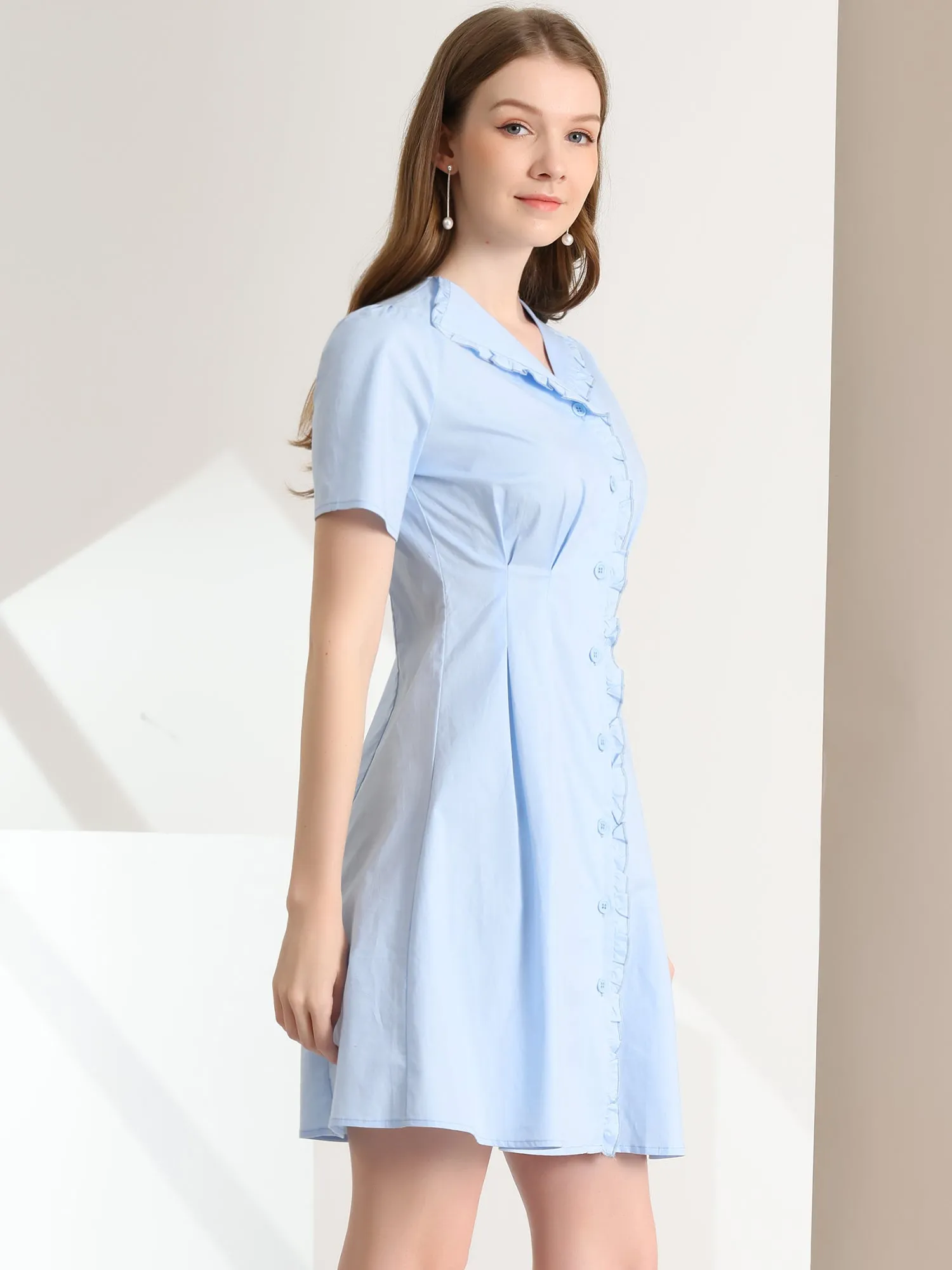 Button Up Ruffle Front Ruched Waist Summer Shirt Dress sold by Allegra K product image thumbnail 3