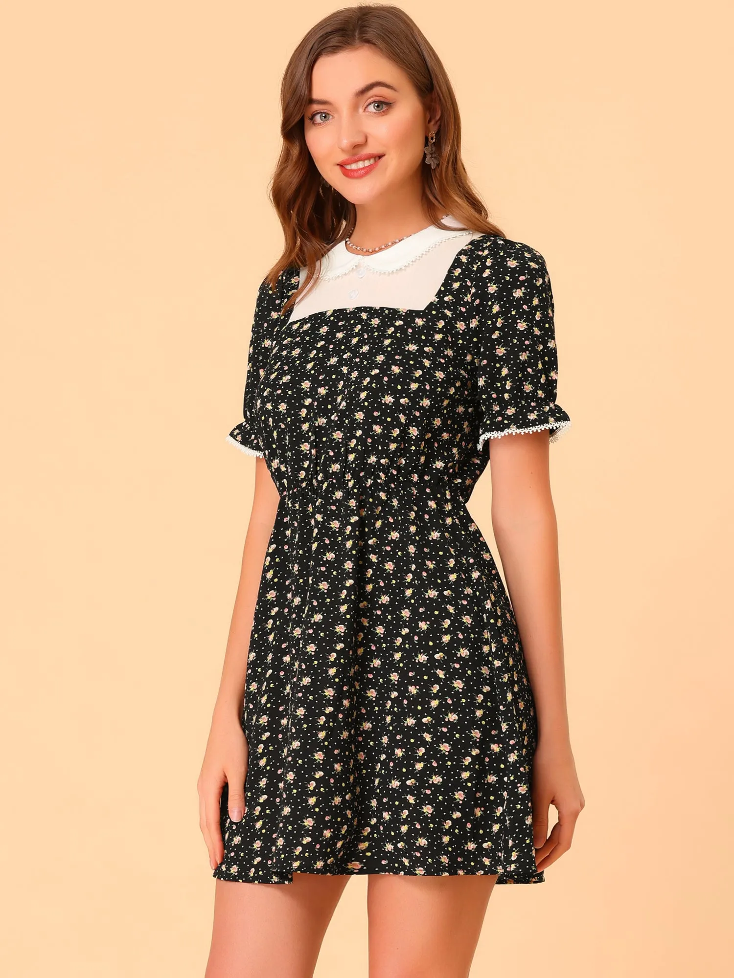 Contrast Peter Pan Collar Puff Short Sleeve Floral Dress sold by Allegra K product image thumbnail 4