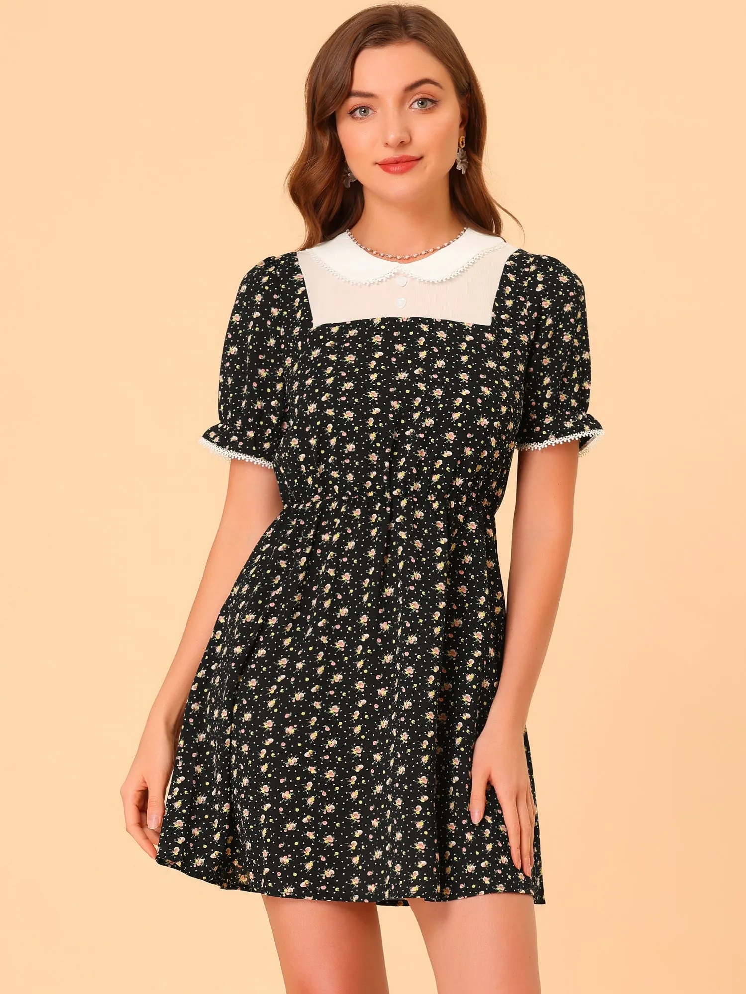 Contrast Peter Pan Collar Puff Short Sleeve Floral Dress sold by Allegra K