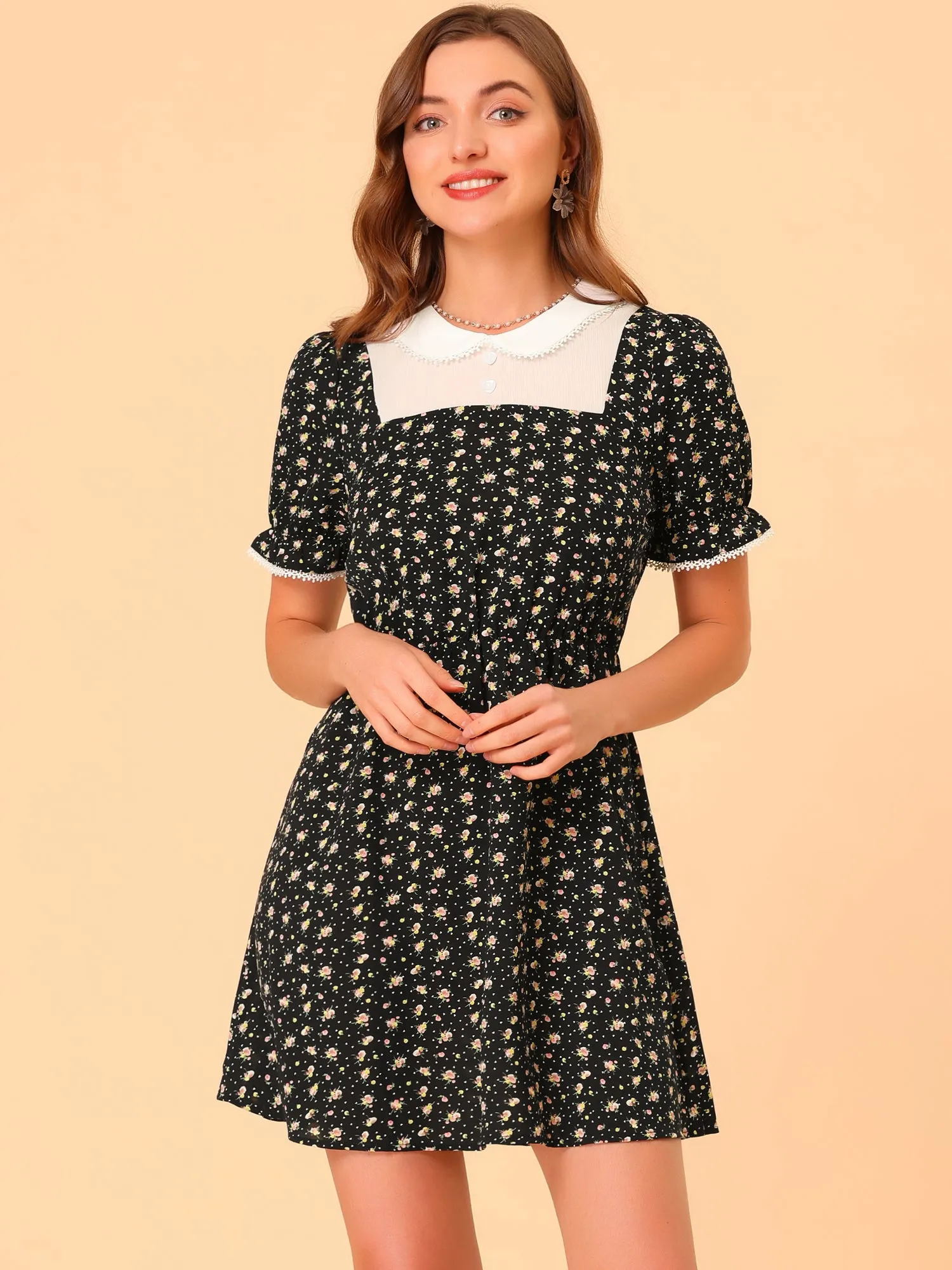 Contrast Peter Pan Collar Puff Short Sleeve Floral Dress sold by Allegra K product image thumbnail 2