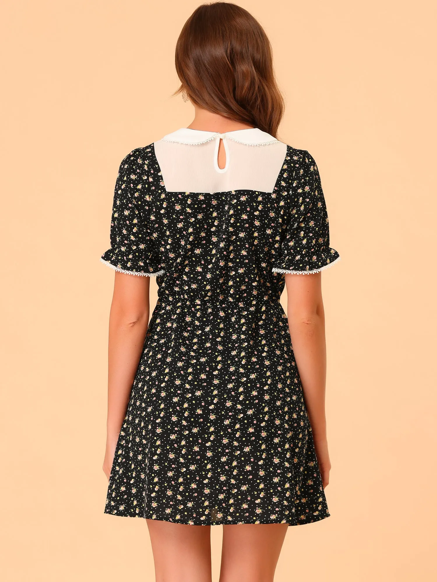 Contrast Peter Pan Collar Puff Short Sleeve Floral Dress sold by Allegra K product image thumbnail 3