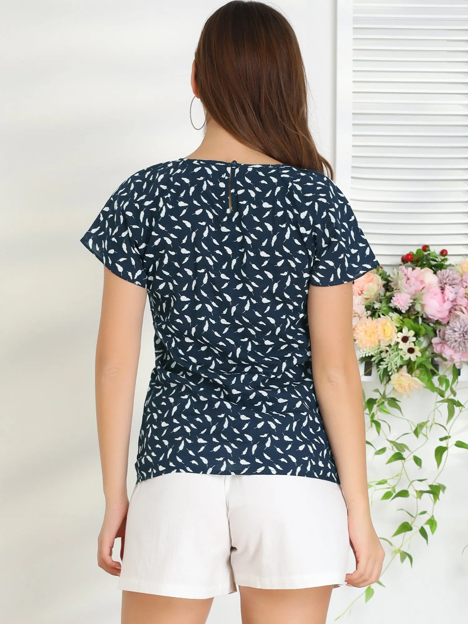 Summer Leaf Printed Round Neck Short Sleeve Blouse sold by Allegra K product image thumbnail 5