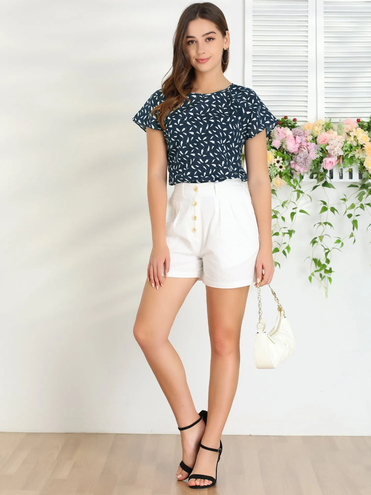 Summer Leaf Printed Round Neck Short Sleeve Blouse sold by Allegra K product image thumbnail 3