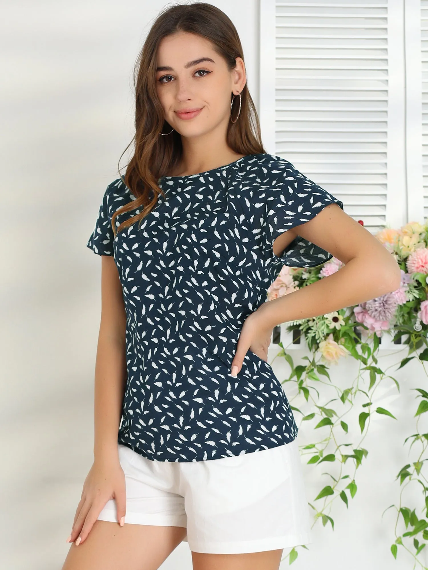 Summer Leaf Printed Round Neck Short Sleeve Blouse sold by Allegra K product image thumbnail 4