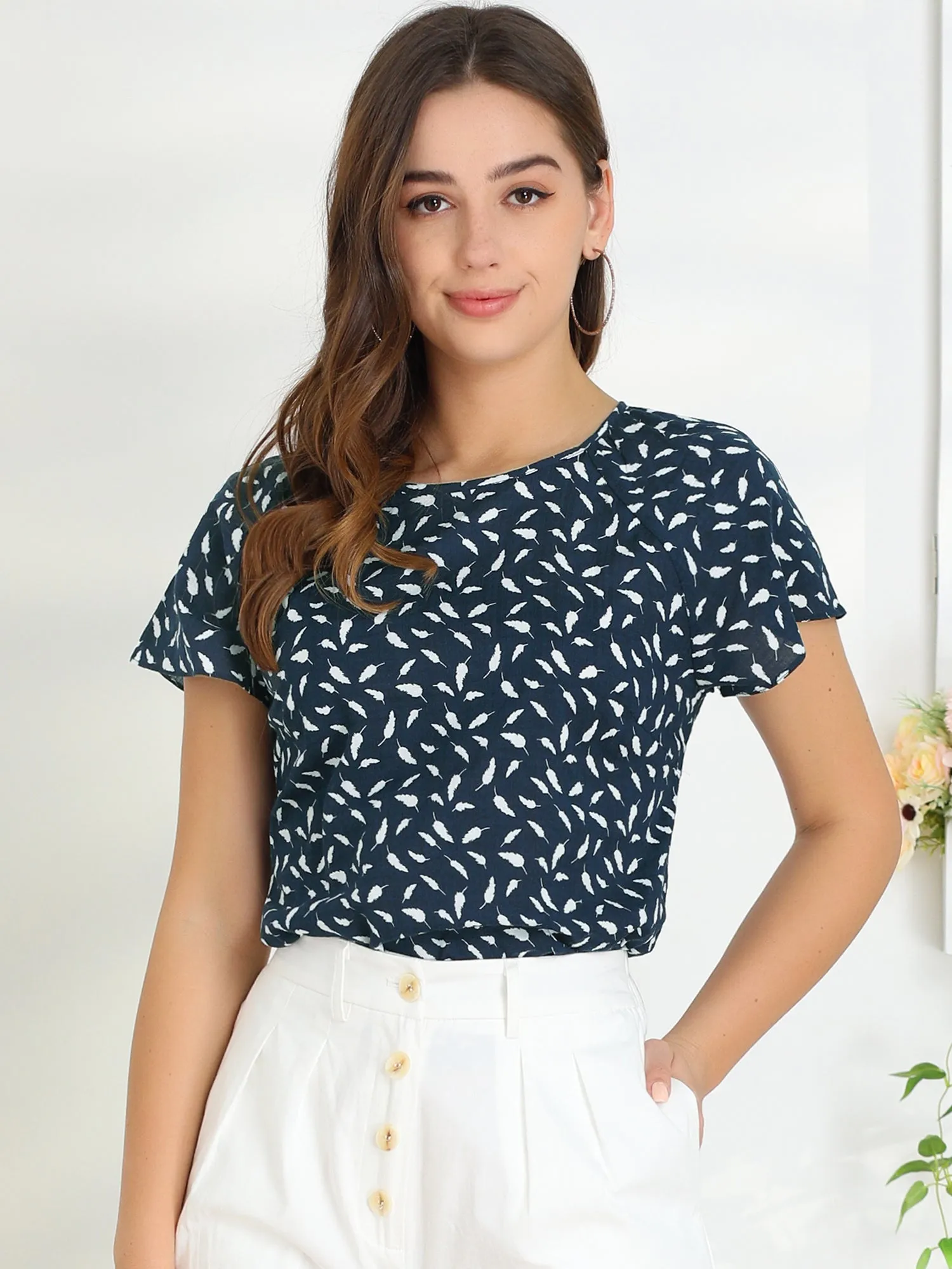 Summer Leaf Printed Round Neck Short Sleeve Blouse sold by Allegra K product image thumbnail 2